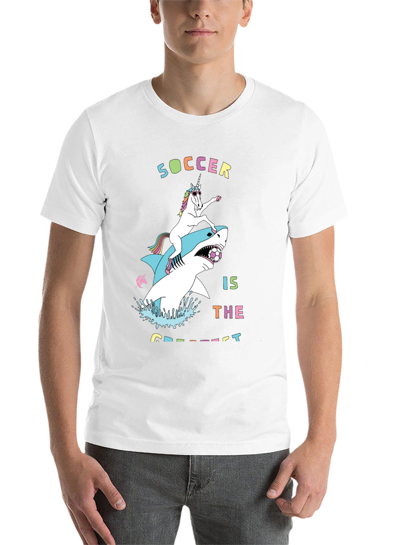 Black Unicorn Riding Shark Soccer T-Shirt view 14