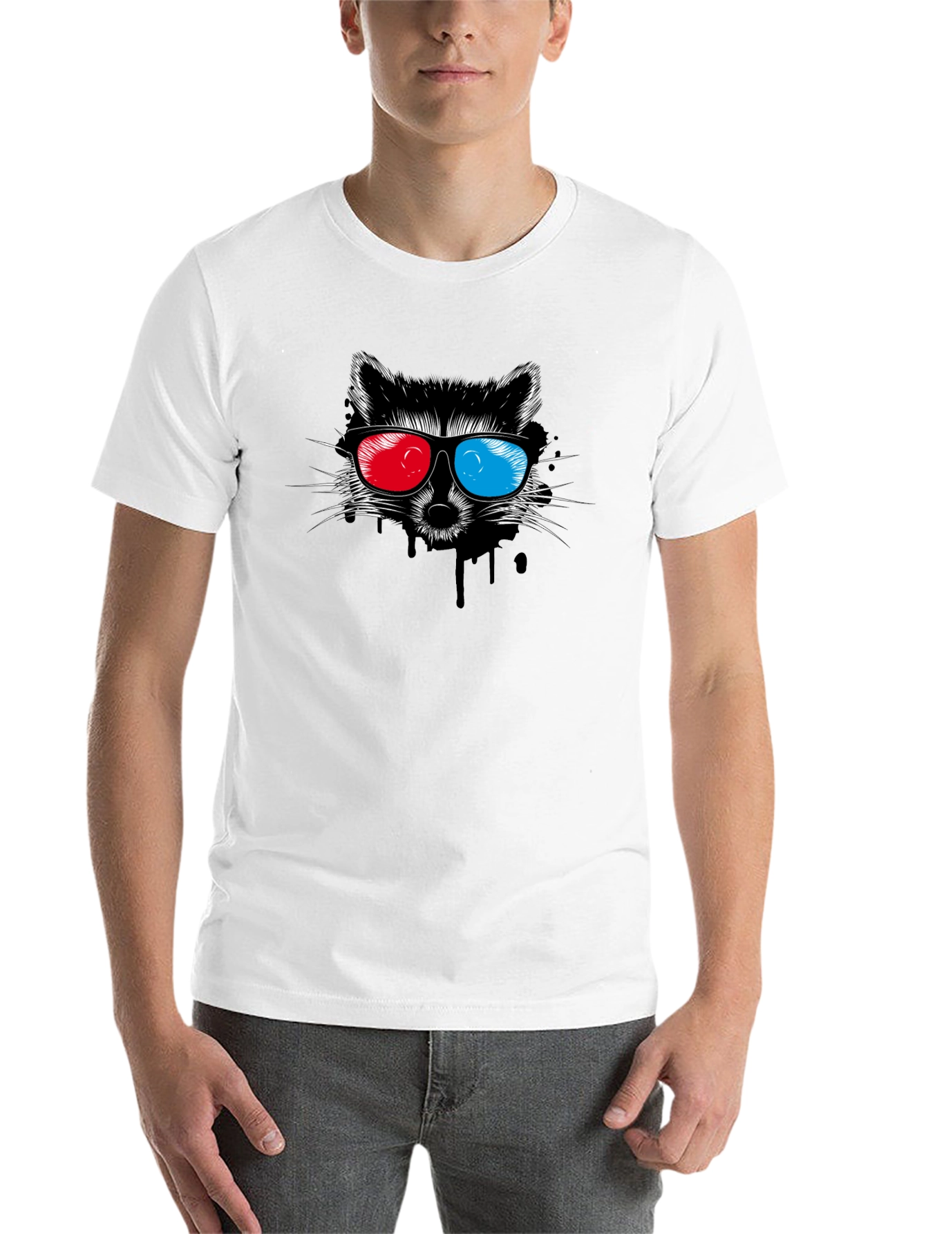 Black Cool Raccoon 3D Glasses Graphic Black T-Shirt view 14