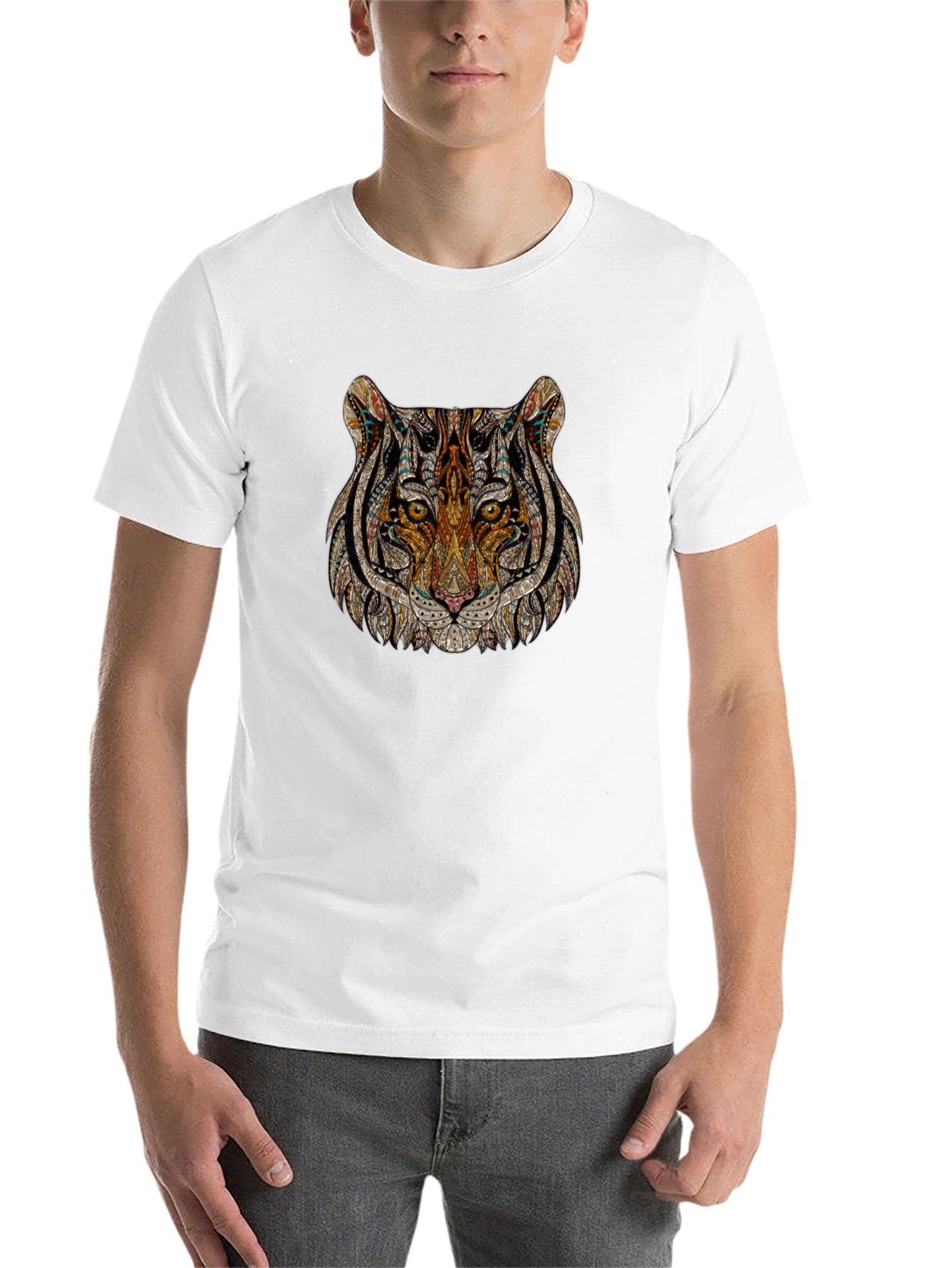 Black Intricate Tiger Head Graphic Print Black T-Shirt view 14