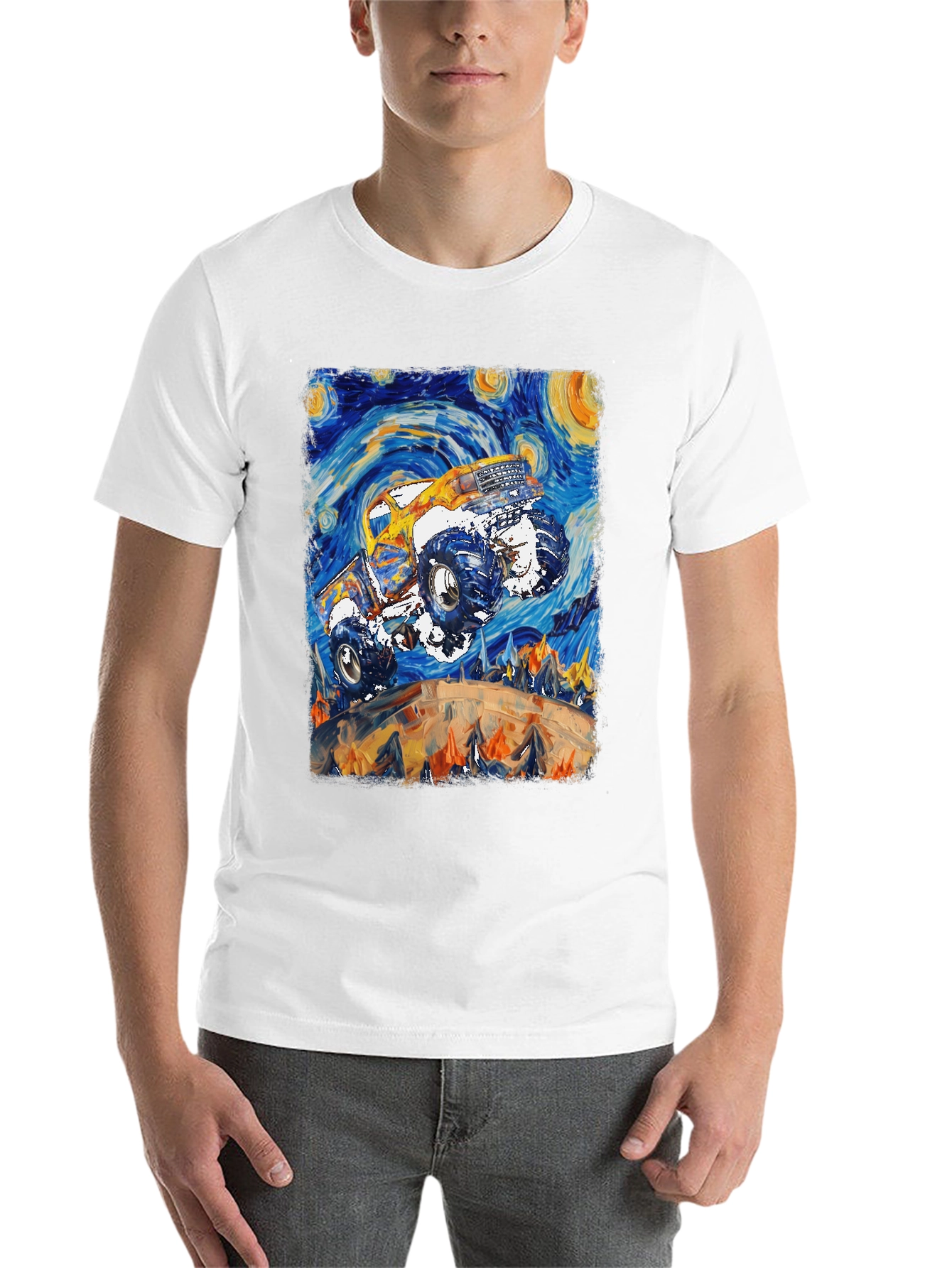 Black Monster Truck Starry Night Art Graphic T-Shirt view 14