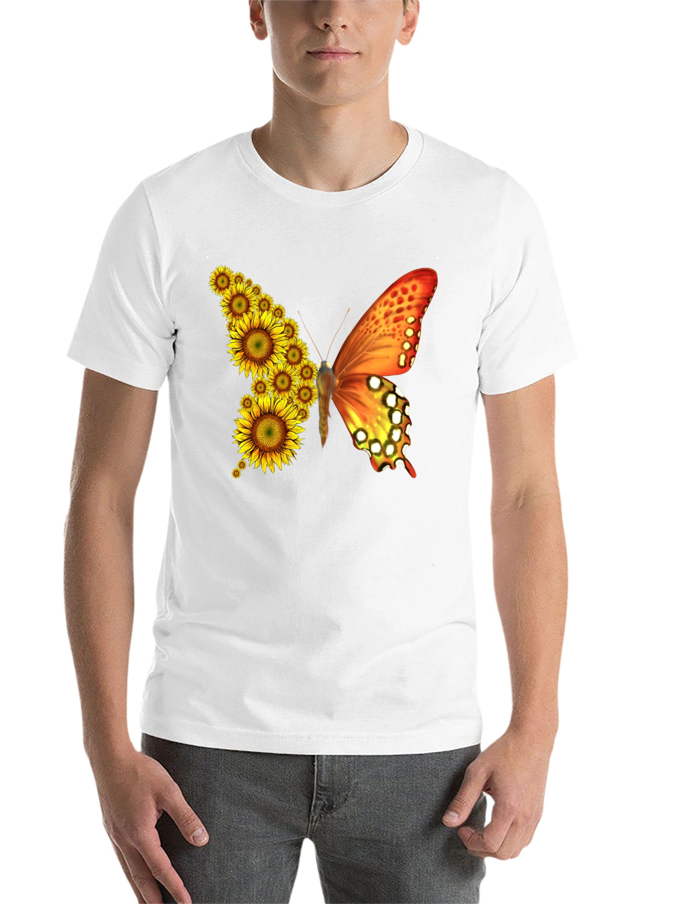 Sunflower Butterfly Graphic Tee - Black Cotton Blend Shirt - 14
