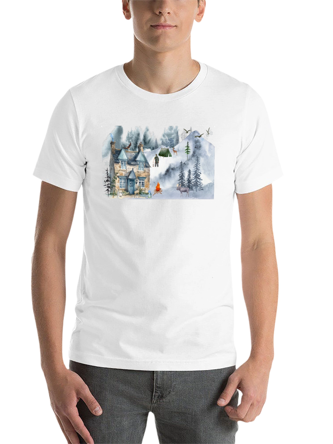Black Cozy Cabin Mountain Scene Graphic T-Shirt view 14