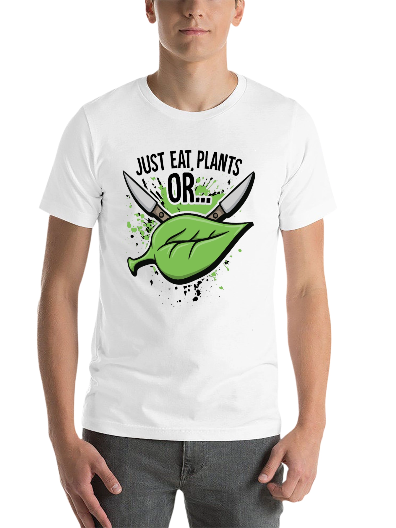 Black Just Eat Plants OR T-Shirt - Vegan Humor view 14