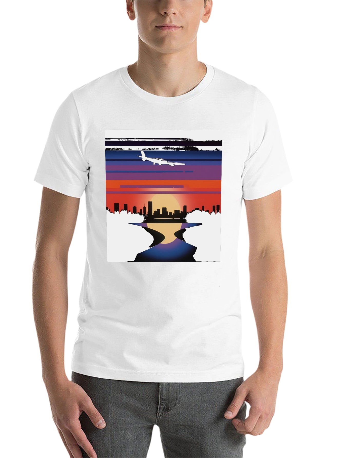 Black Sunset Airplane Cityscape Graphic Tee view 14