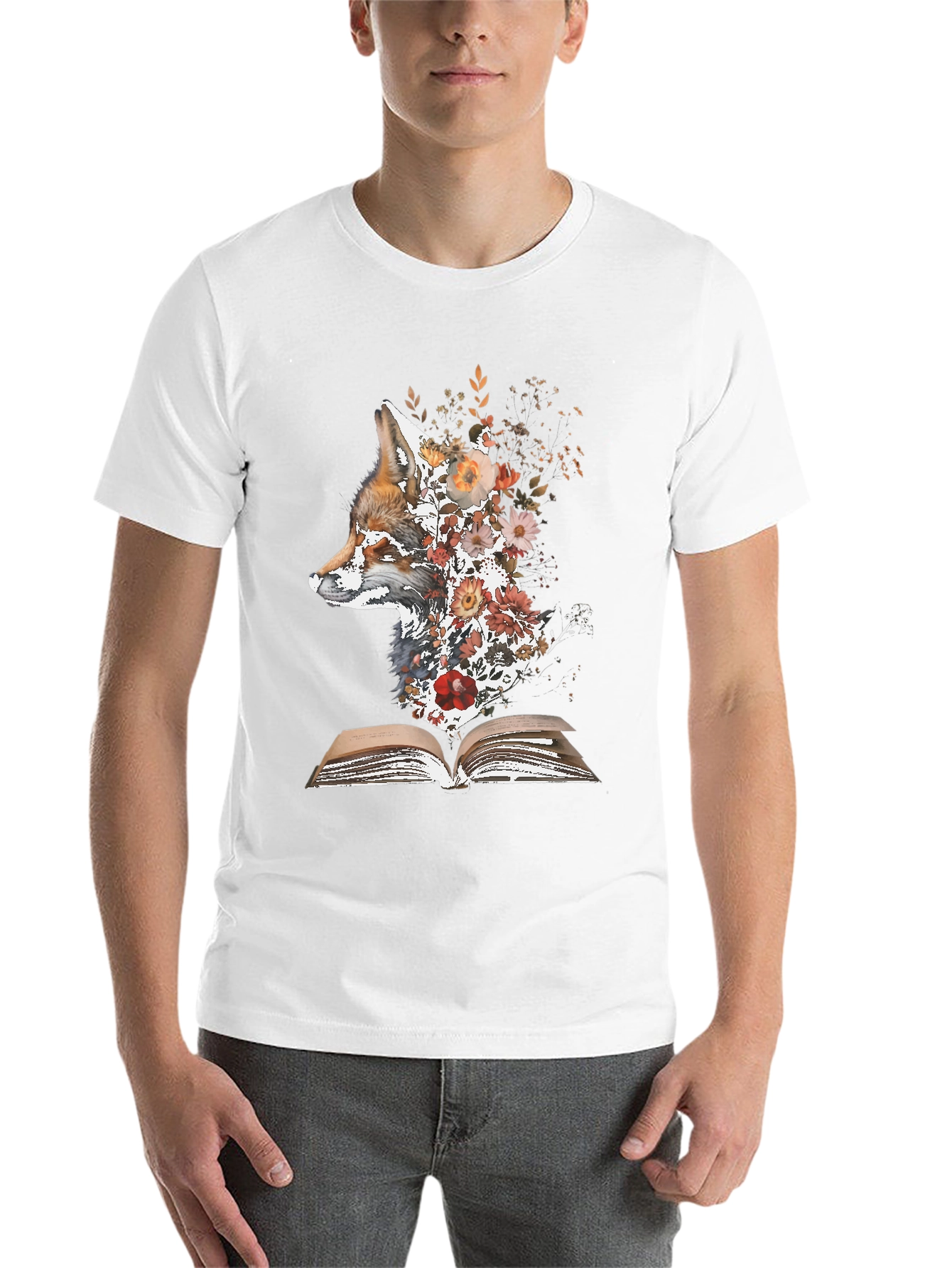 Black Fox & Flowers Book T-Shirt - Unique Nature Graphic Tee view 14