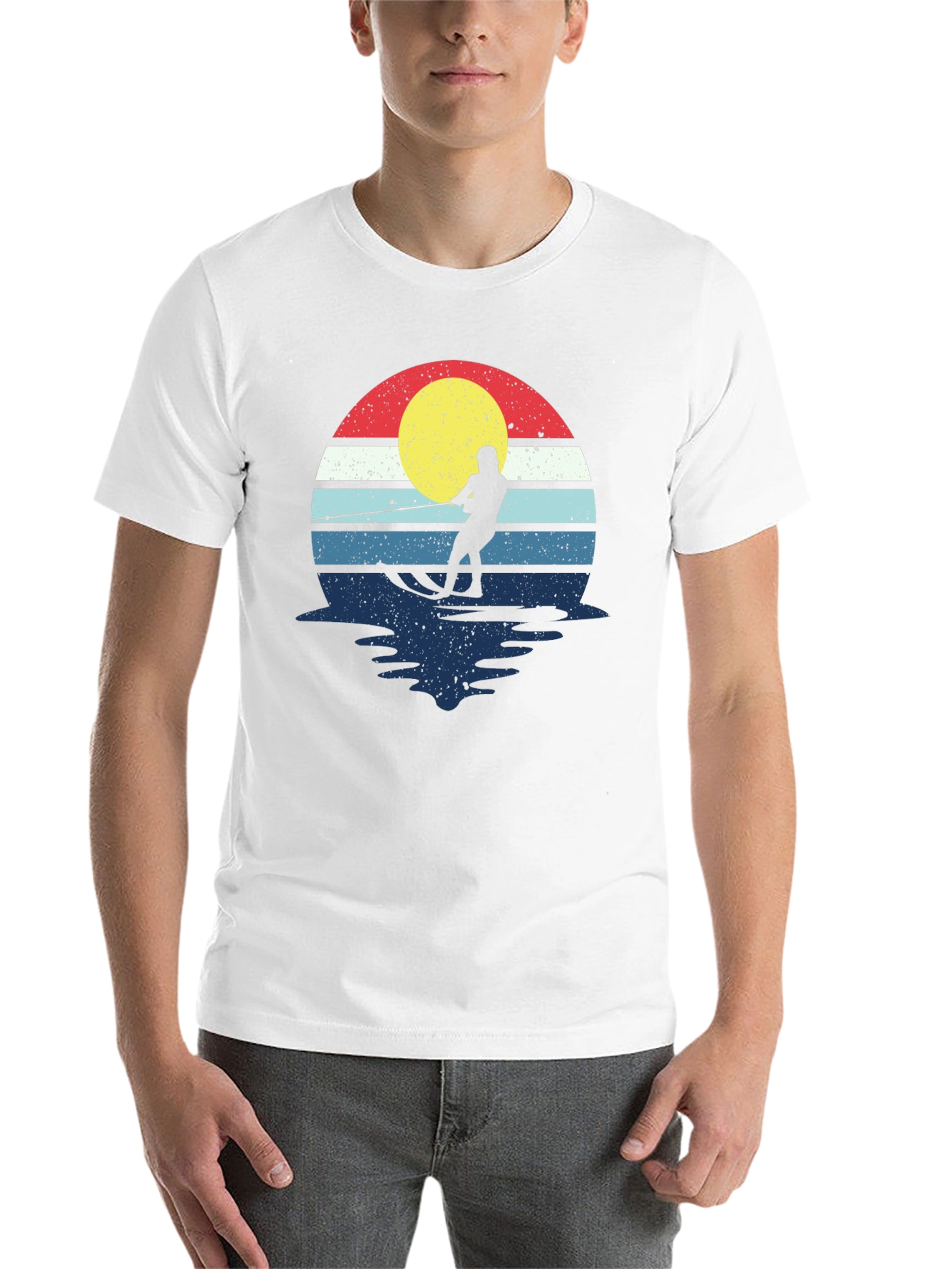 Black Retro Water Skiing T-Shirt - Vintage Sunset Design view 14