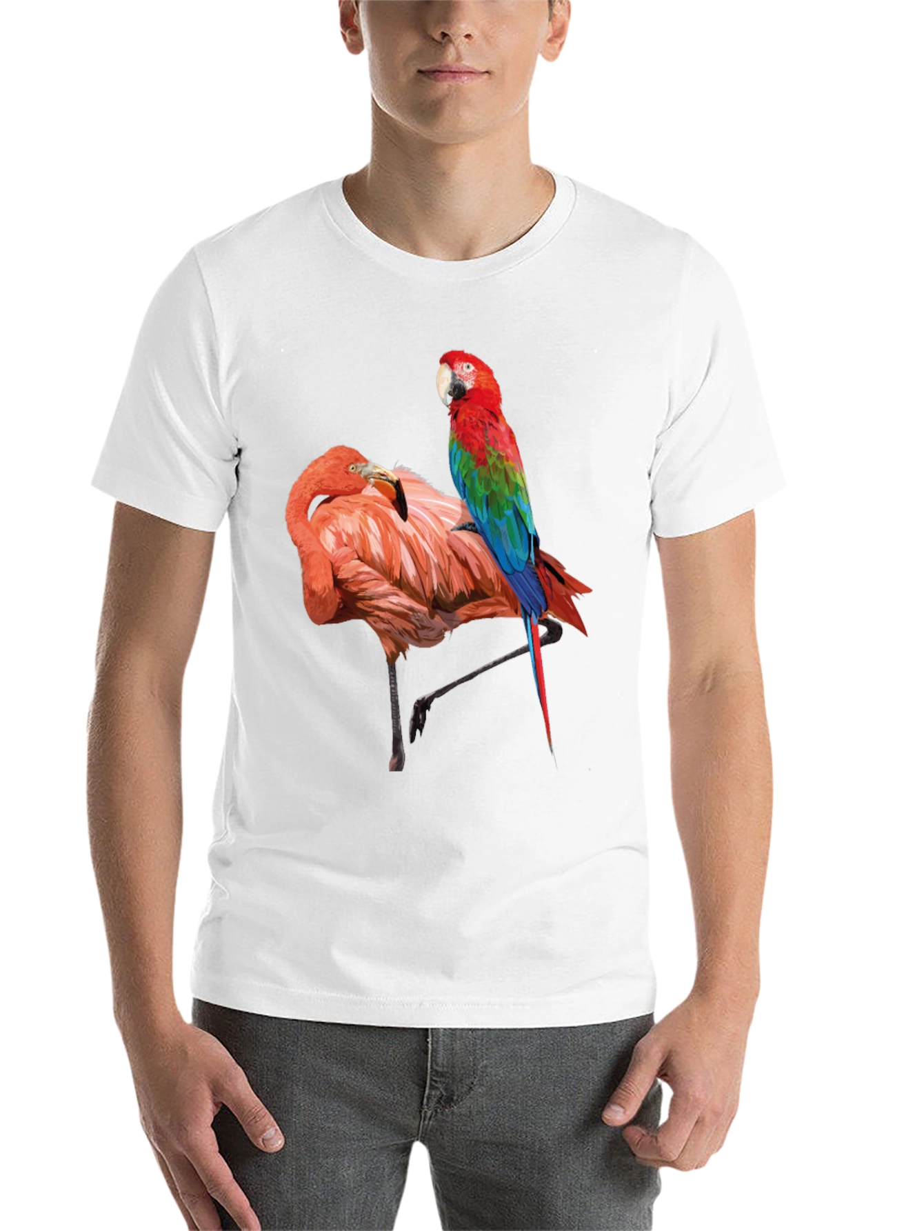 Flamingo Parrot Graphic Tee - Men's Black T-Shirt - 14