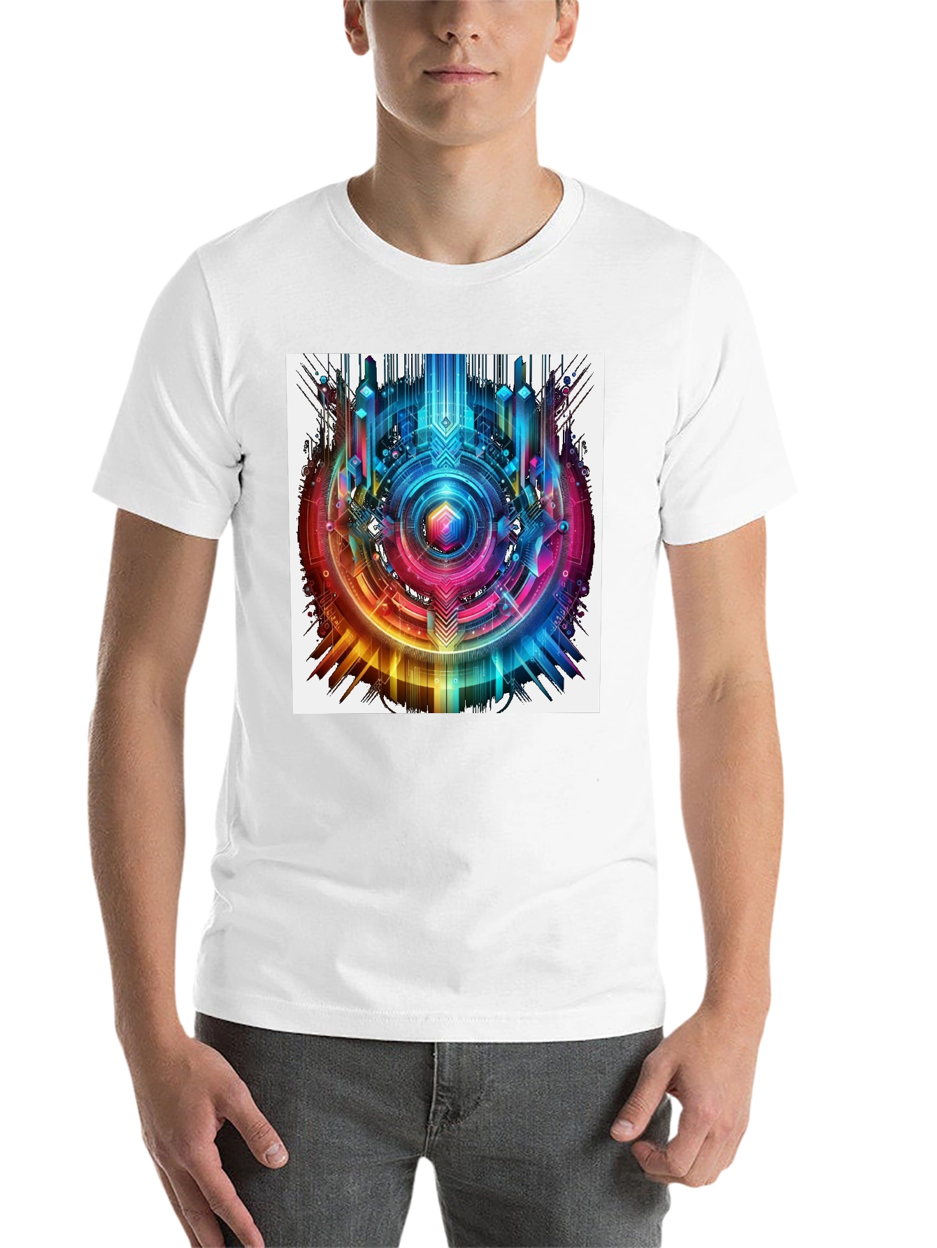 Black Abstract Geometric Rainbow Circle Graphic T-Shirt view 14