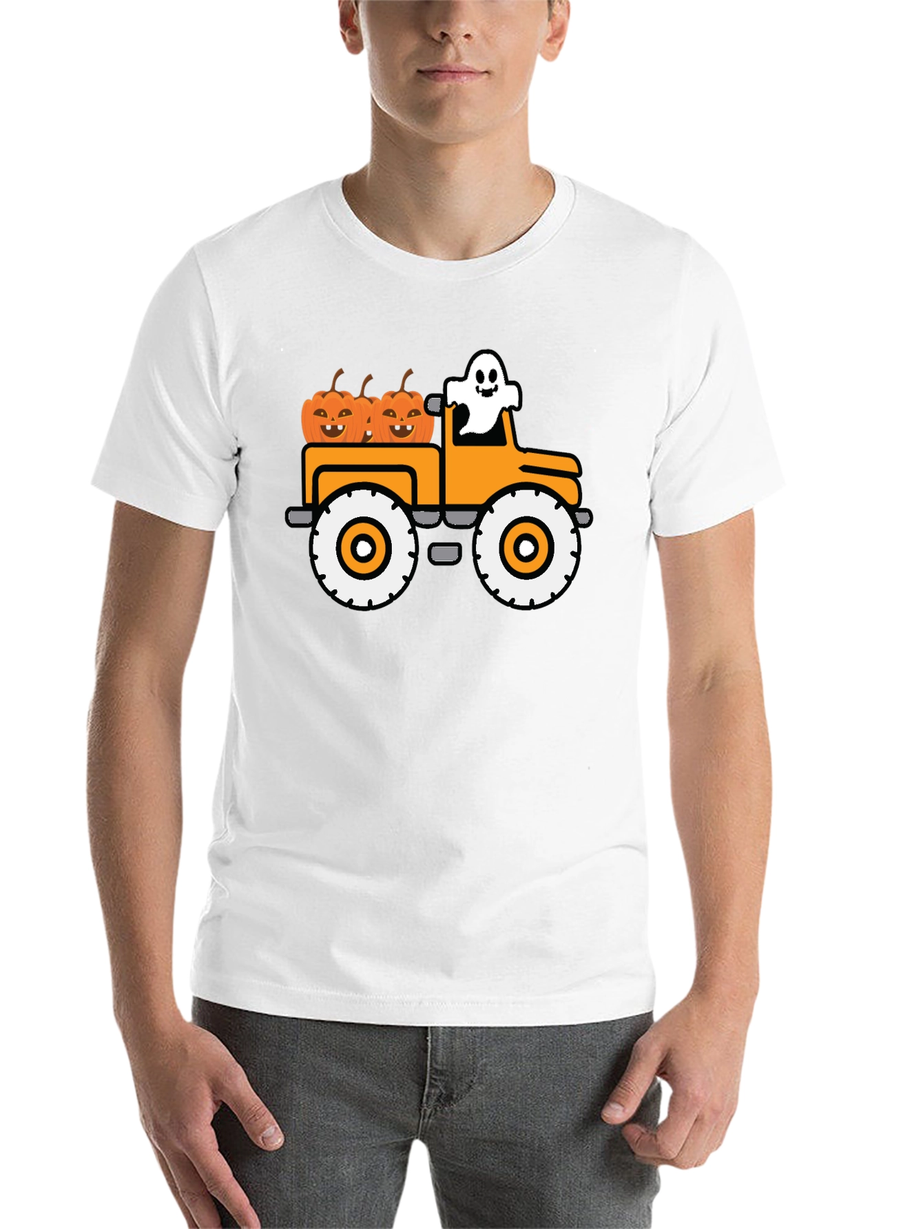 Black Halloween Ghost Pumpkin Truck T-Shirt view 14