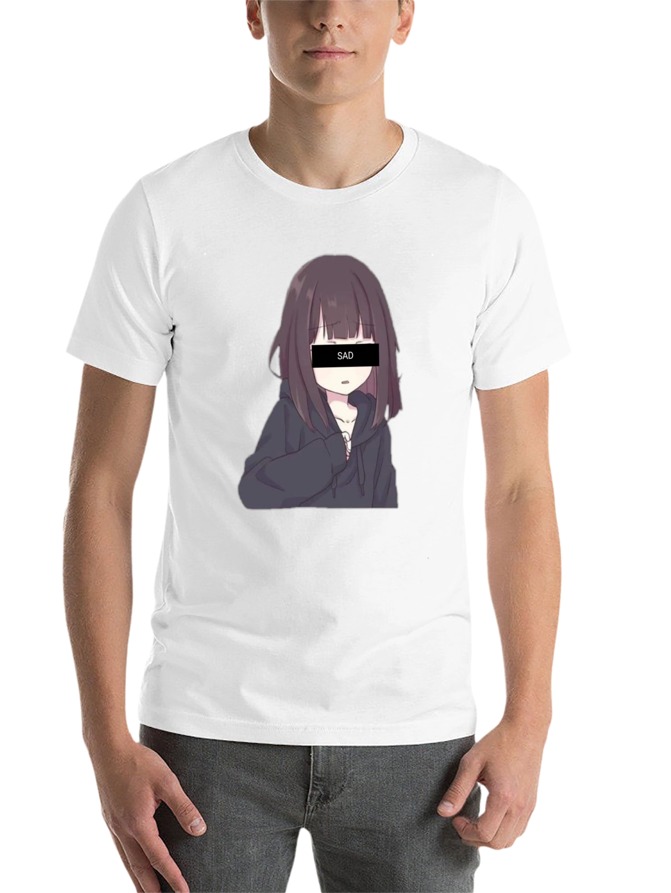 Black Anime Sad Girl Graphic Print Black T-Shirt view 14