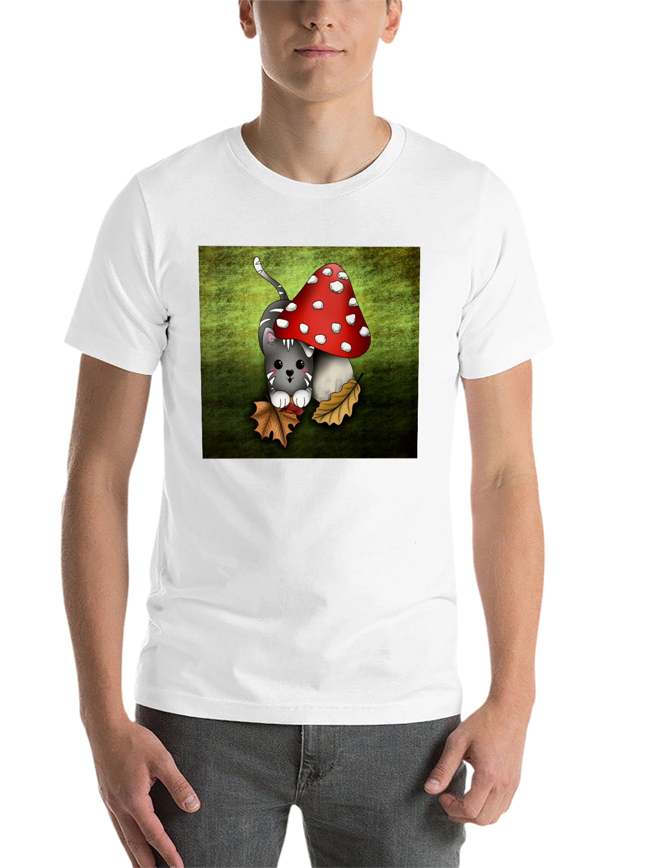 Black Cute Cartoon Cat and Mushroom Graphic T-Shirt view 14