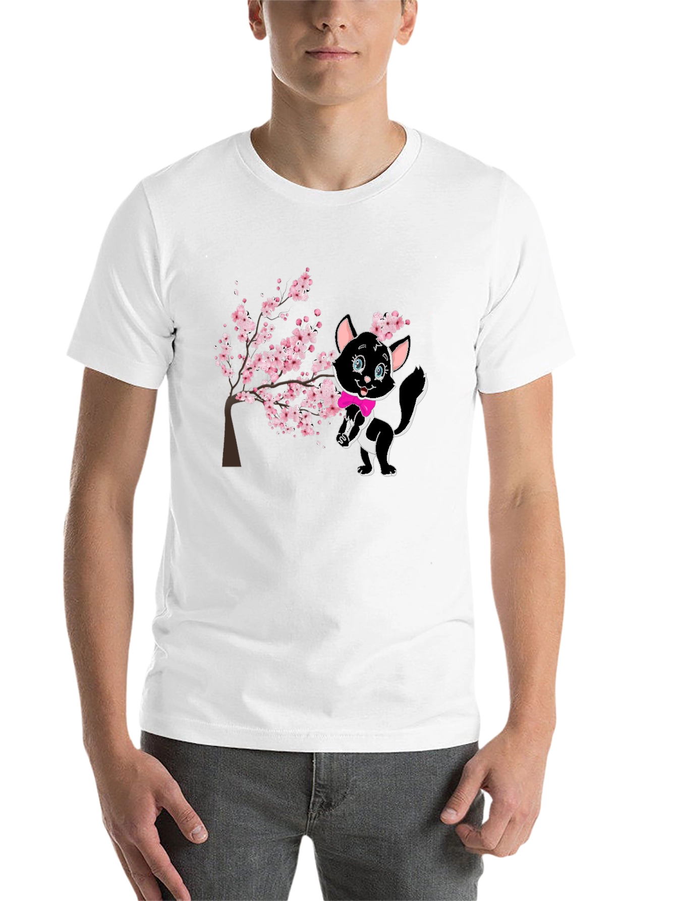 Black Cute Cat & Cherry Blossom Black T-Shirt view 14