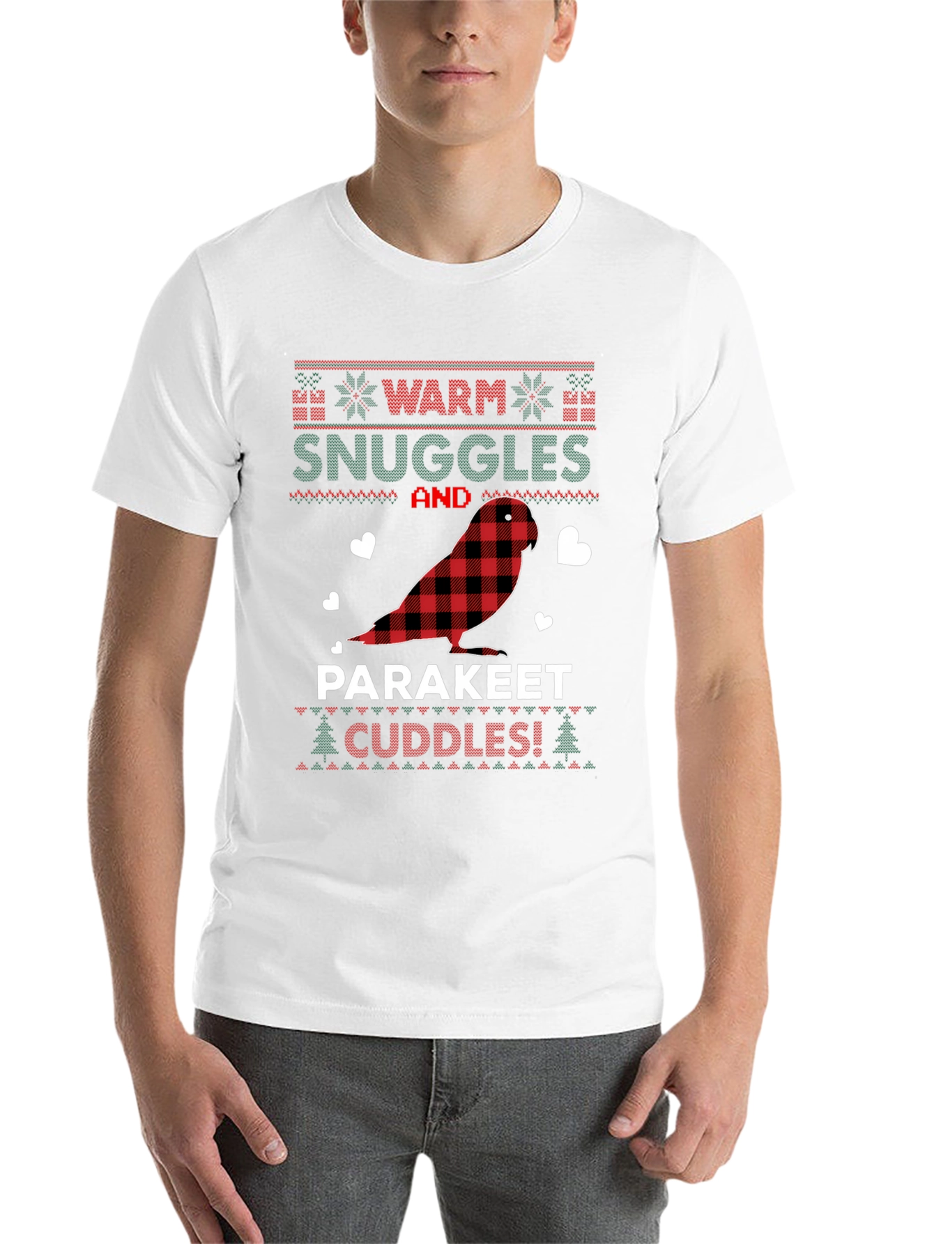 Black Parakeet Cuddles Christmas T-Shirt view 14