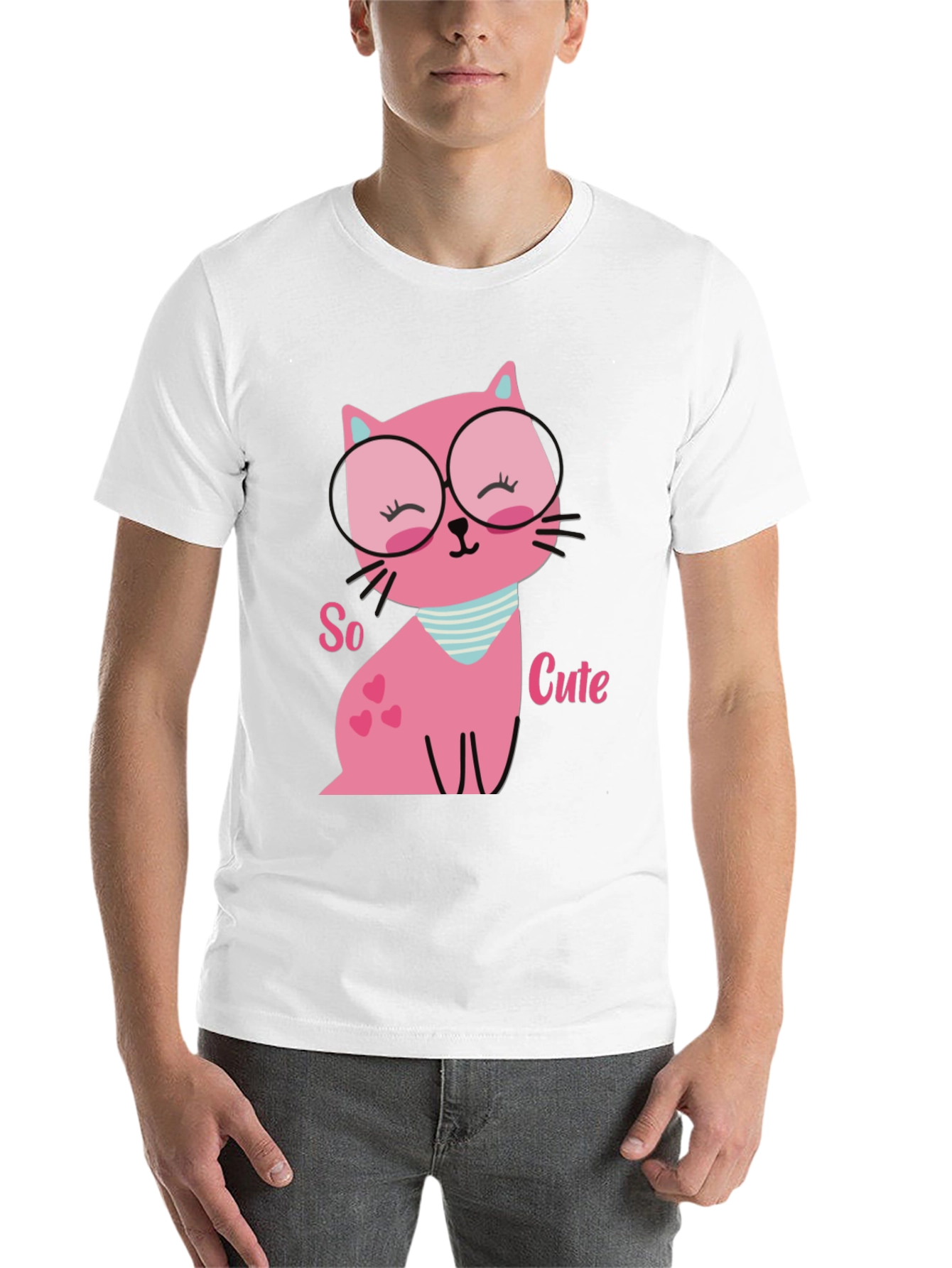 Black Cute Pink Cat T-Shirt view 14