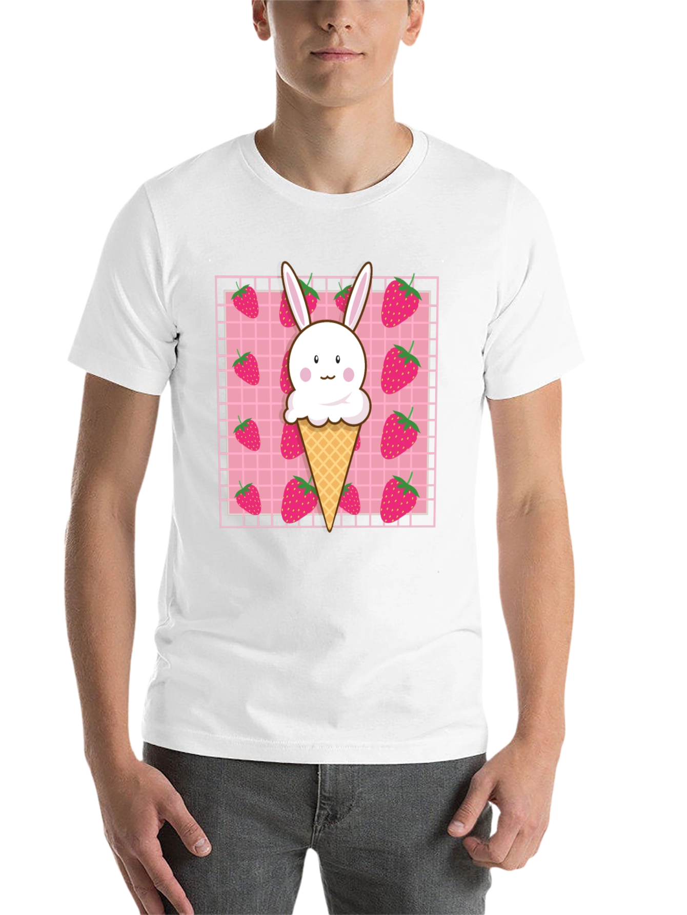 Black Kawaii Strawberry Bunny Ice Cream T-Shirt view 14