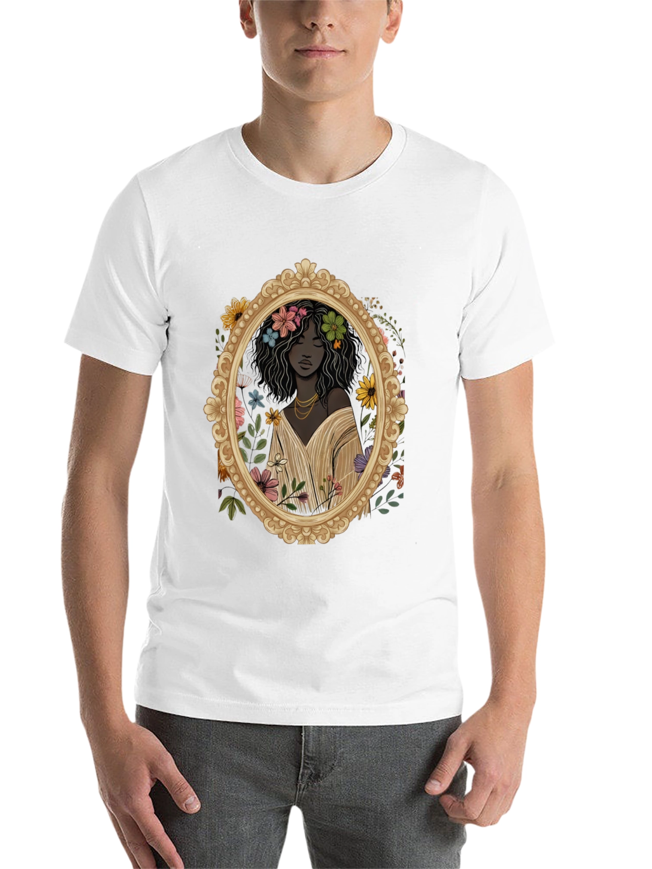 Black Floral Portrait Graphic Tee - Black Unisex T-Shirt view 14