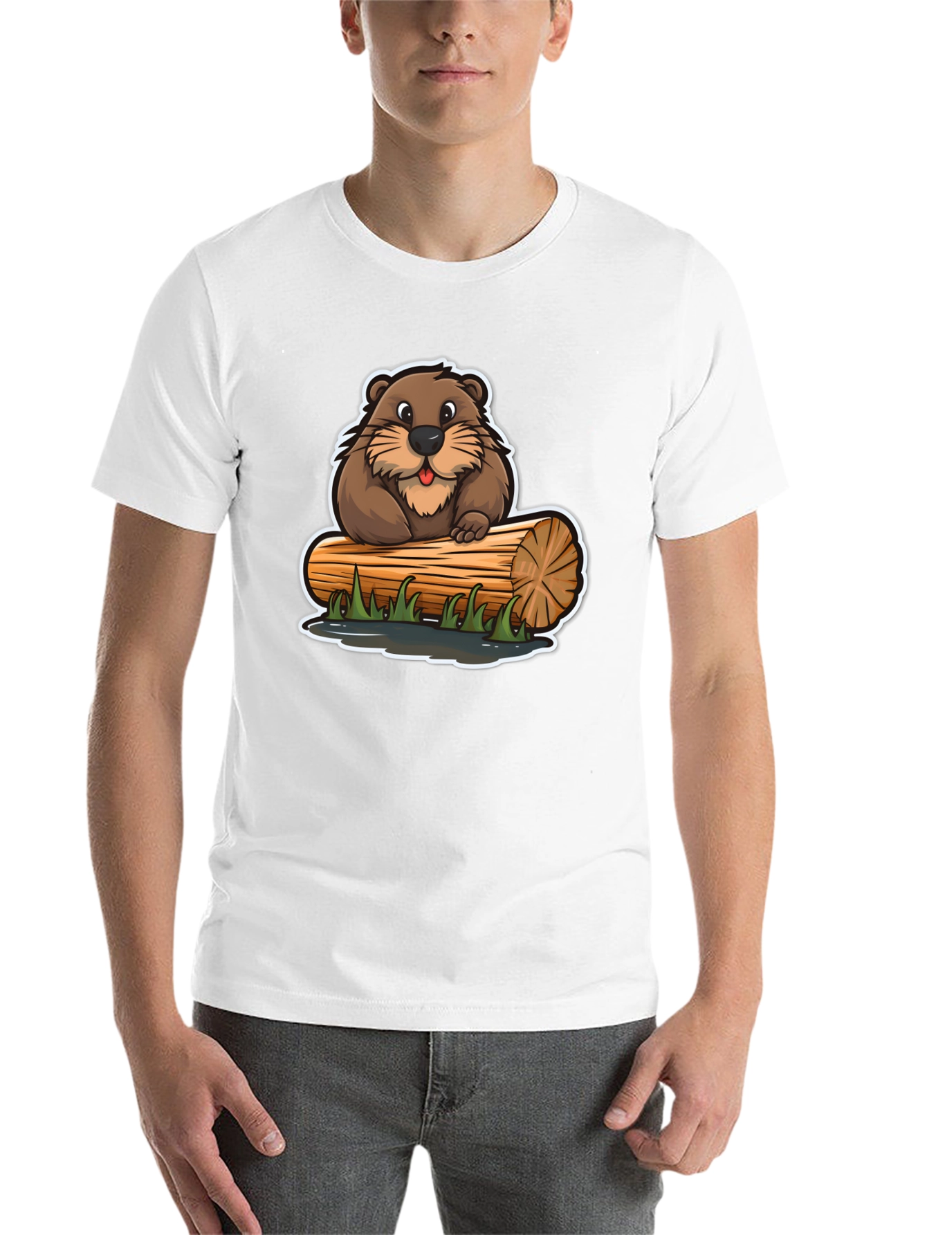Black Cartoon Beaver on Log T-Shirt view 14