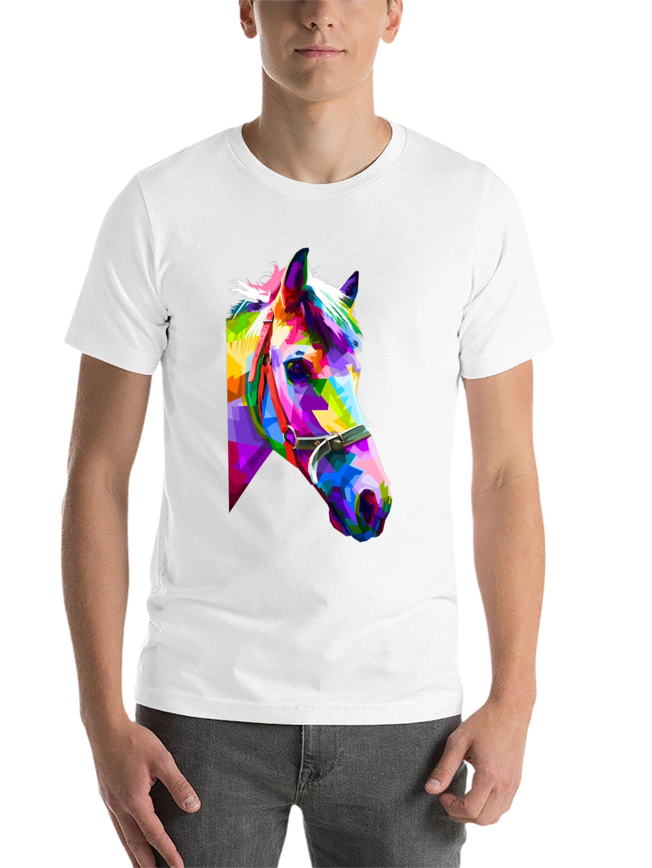 Black Geometric Horse Tee - Colorful Animal Art T-Shirt view 14