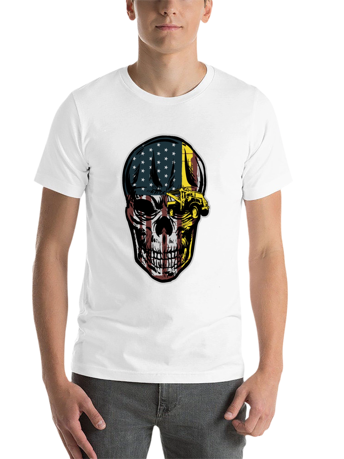 Black American Flag Skull Tow Truck T-Shirt view 14