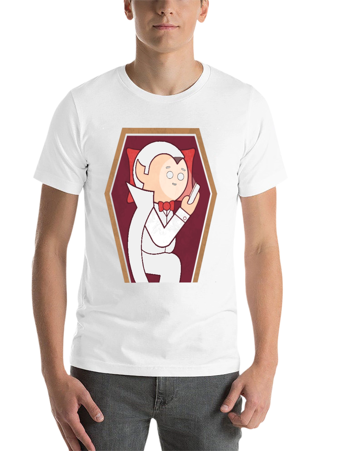 Black Funny Cartoon Vampire in Coffin Graphic T-Shirt view 14