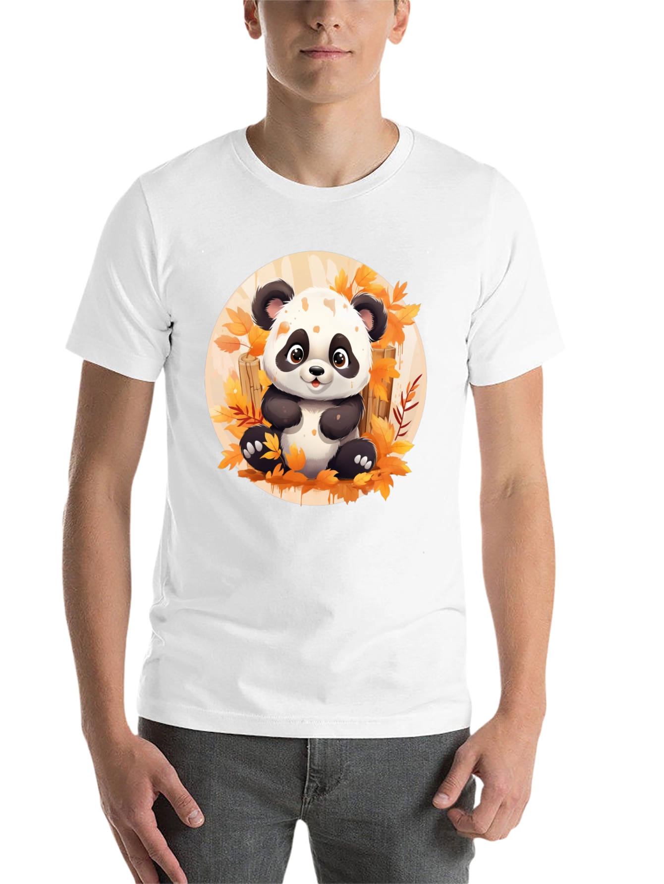 Black Cute Panda T-Shirt - Autumn Leaves Design view 14