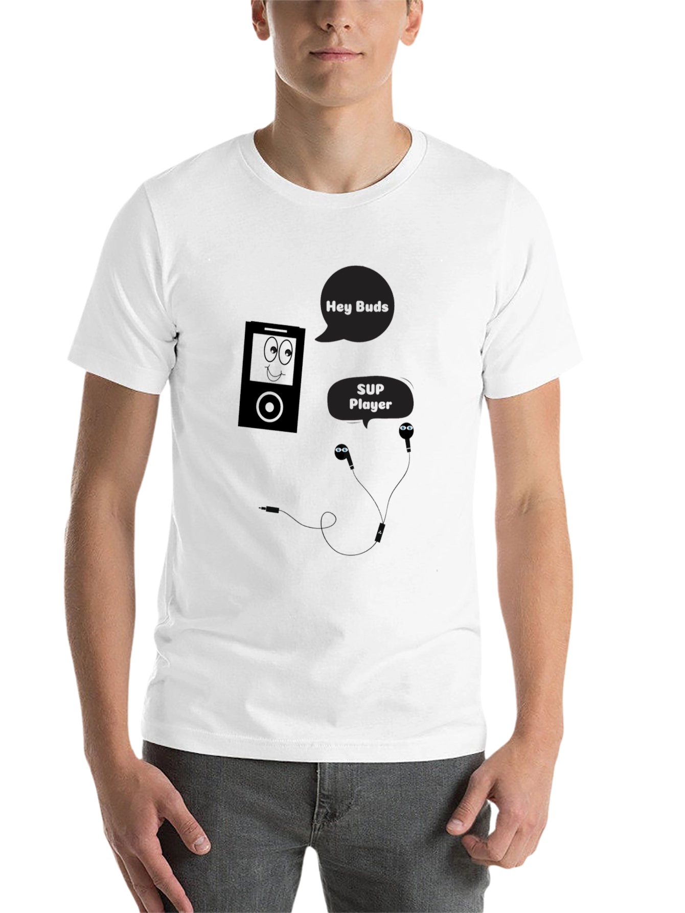 Black Hey Buds! Black Graphic Tee - Music Player Humor view 14