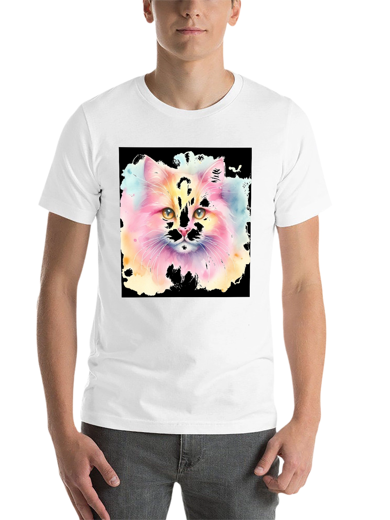 Black Watercolor Cat Graphic Tee - Black Cotton T-Shirt view 14