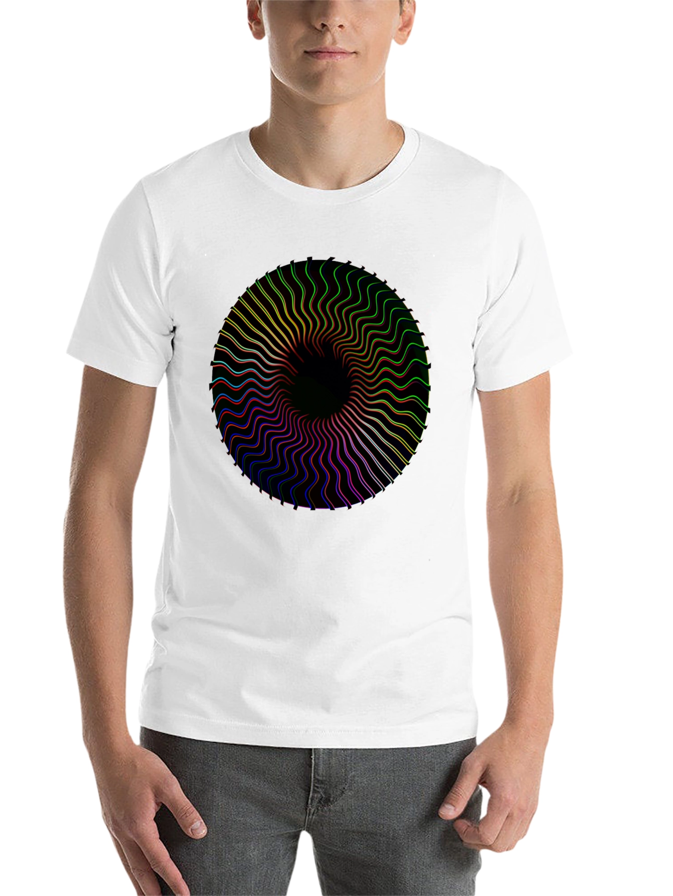 Black Vortex Tee: Black Shirt with Psychedelic Circle Design view 14