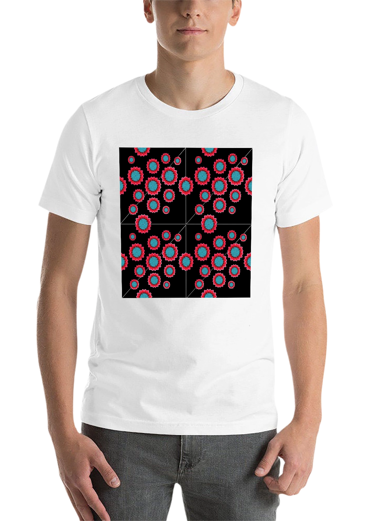 Black Floral Grid Black T-Shirt - Modern Geometric Style view 14
