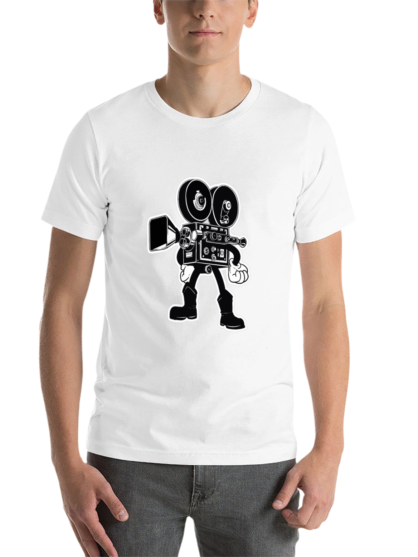 Black Retro Cartoon Movie Camera T-Shirt - Black Cotton Tee view 14