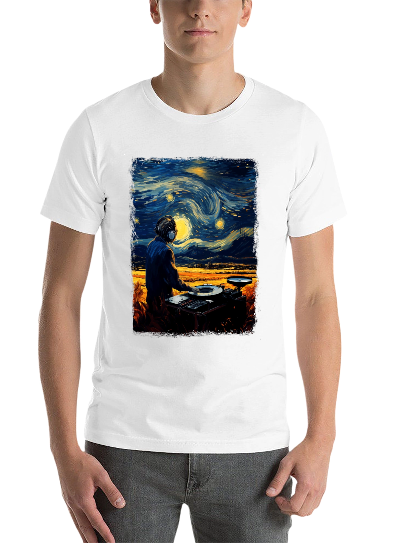 Black Starry Night DJ Graphic Tee - Cool Music Lover Shirt view 14