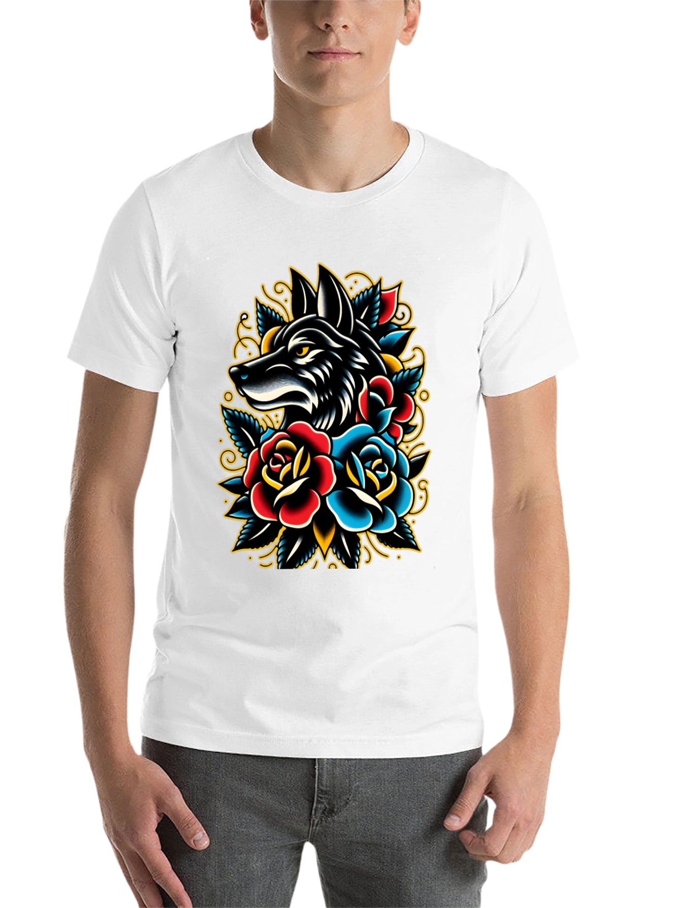 Black Wolf & Roses Graphic Tee - Classic Tattoo Style view 14