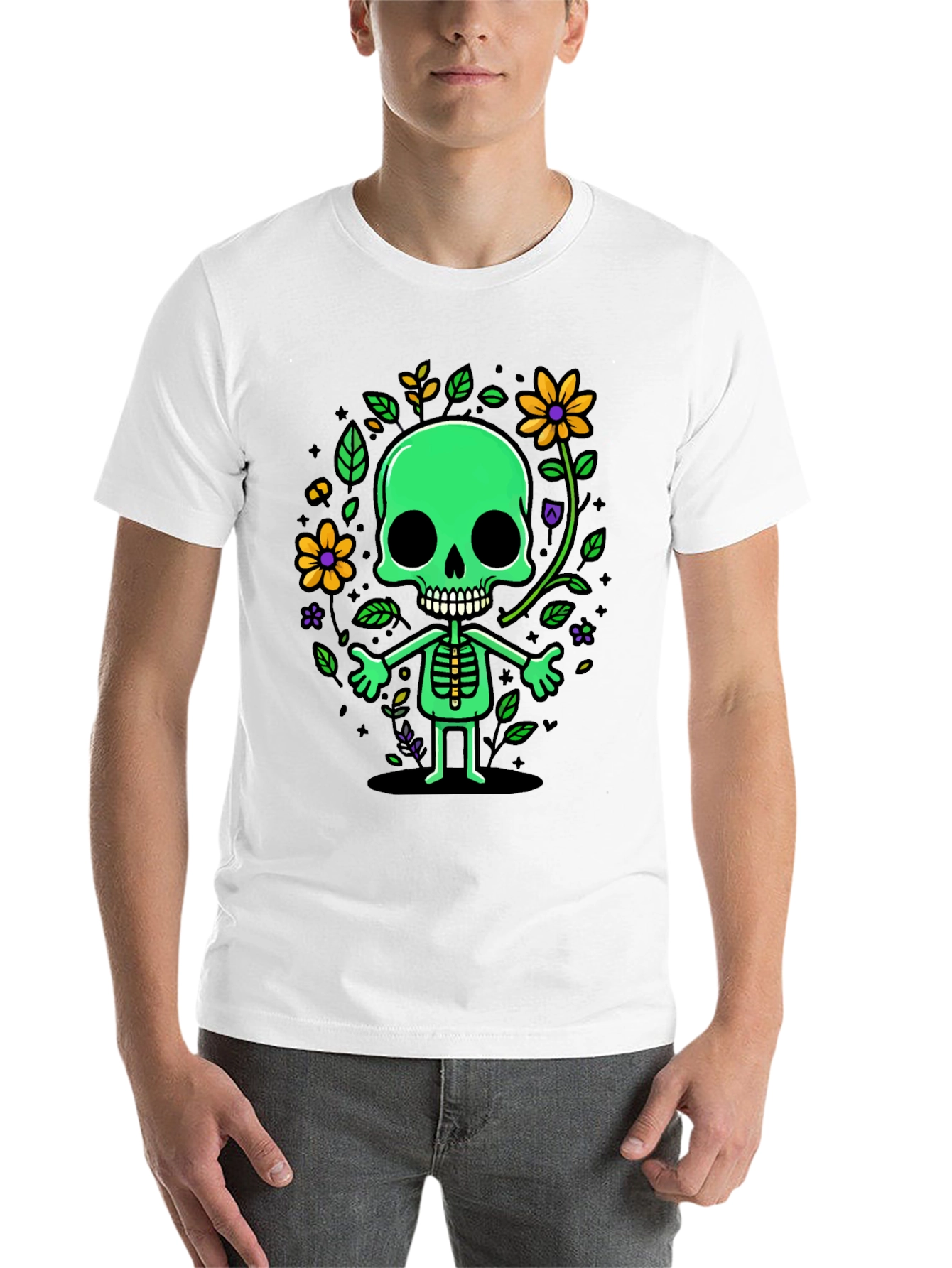 Black Green Floral Skeleton Graphic Tee view 14