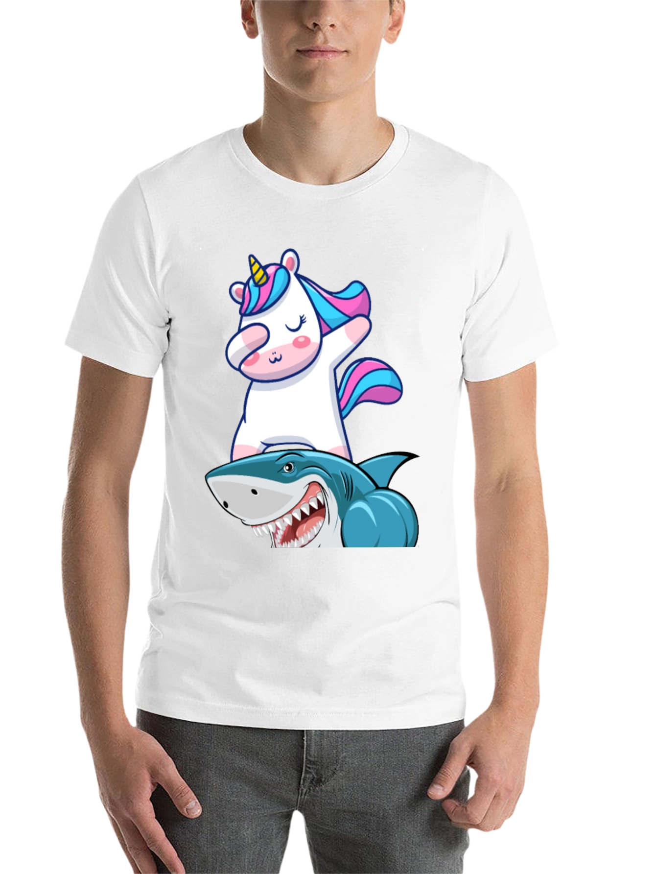 Black Unicorn Dabbing on Shark Graphic Tee view 14