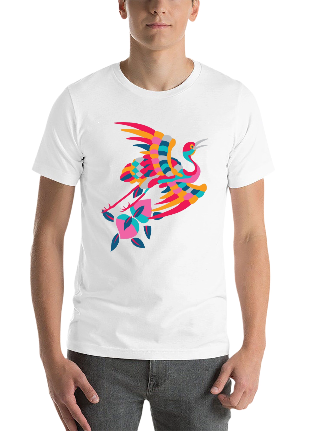 Stylish Crane Graphic Black T-Shirt - 14