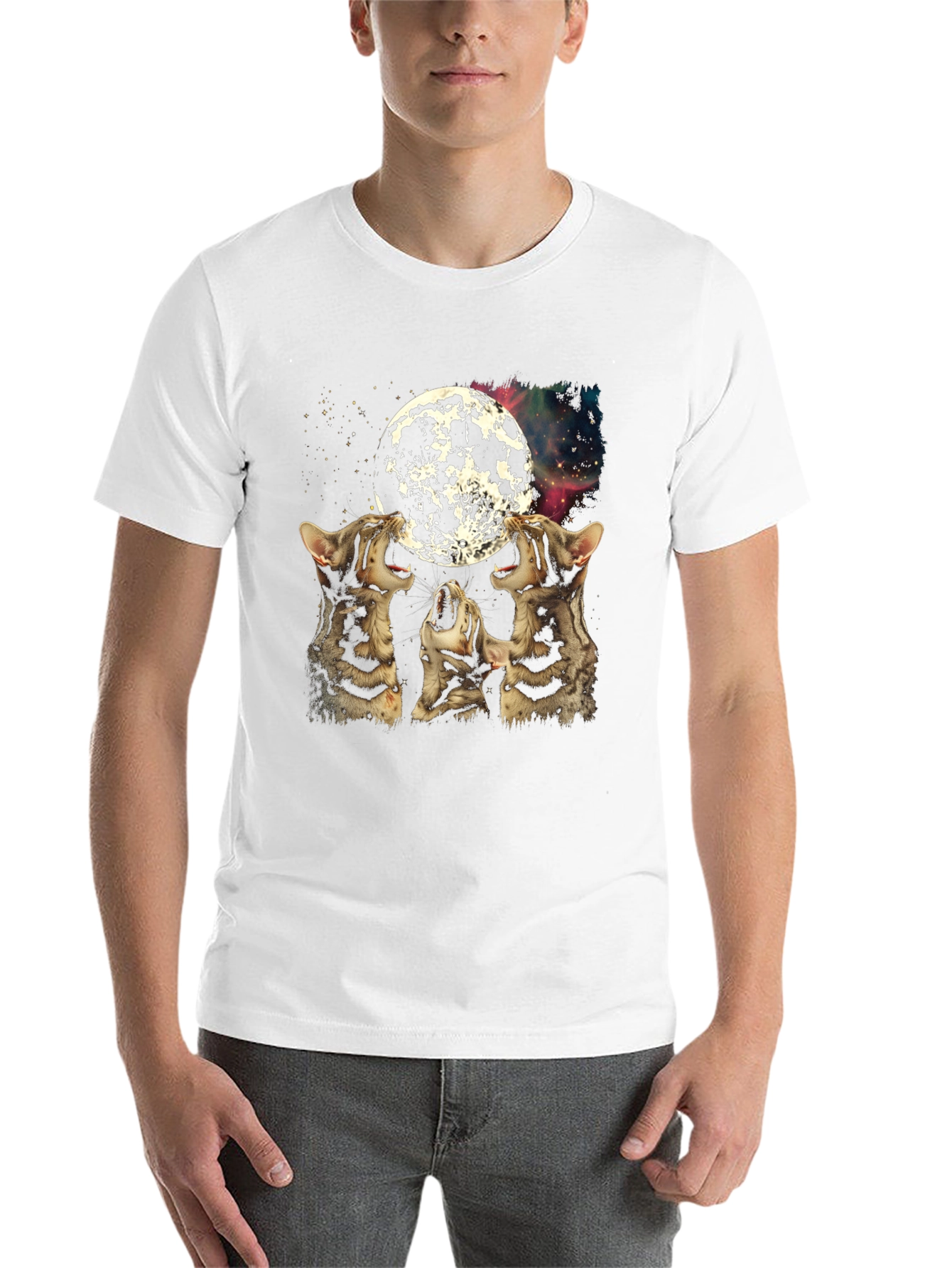 Black Three Cats Howling at Moon Graphic Tee view 14