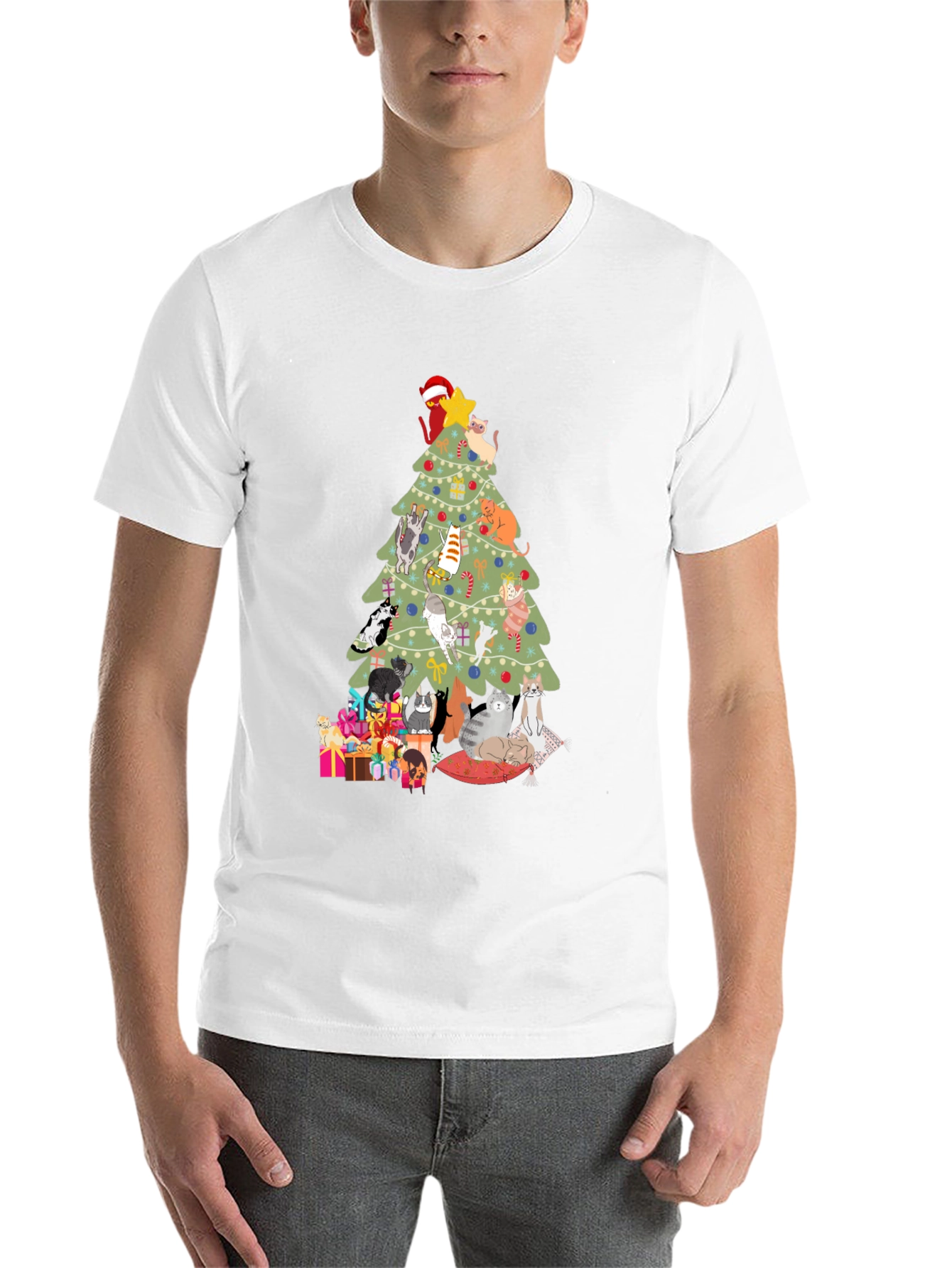 Black Cat Christmas Tree T-Shirt Holiday Tee view 14