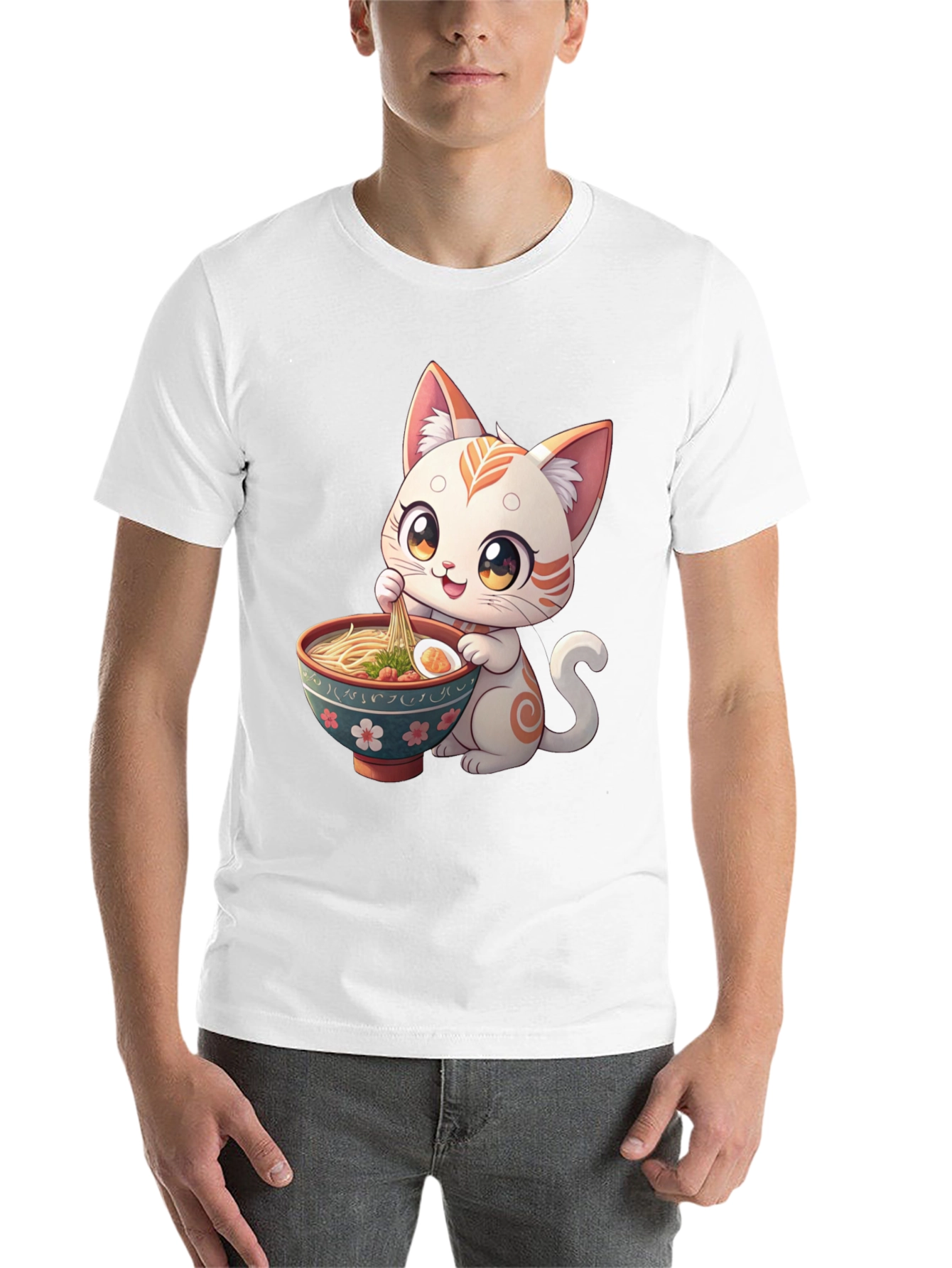 Black Cute Cat Ramen T-Shirt - Kawaii Kitten Eating Noodles Tee view 14