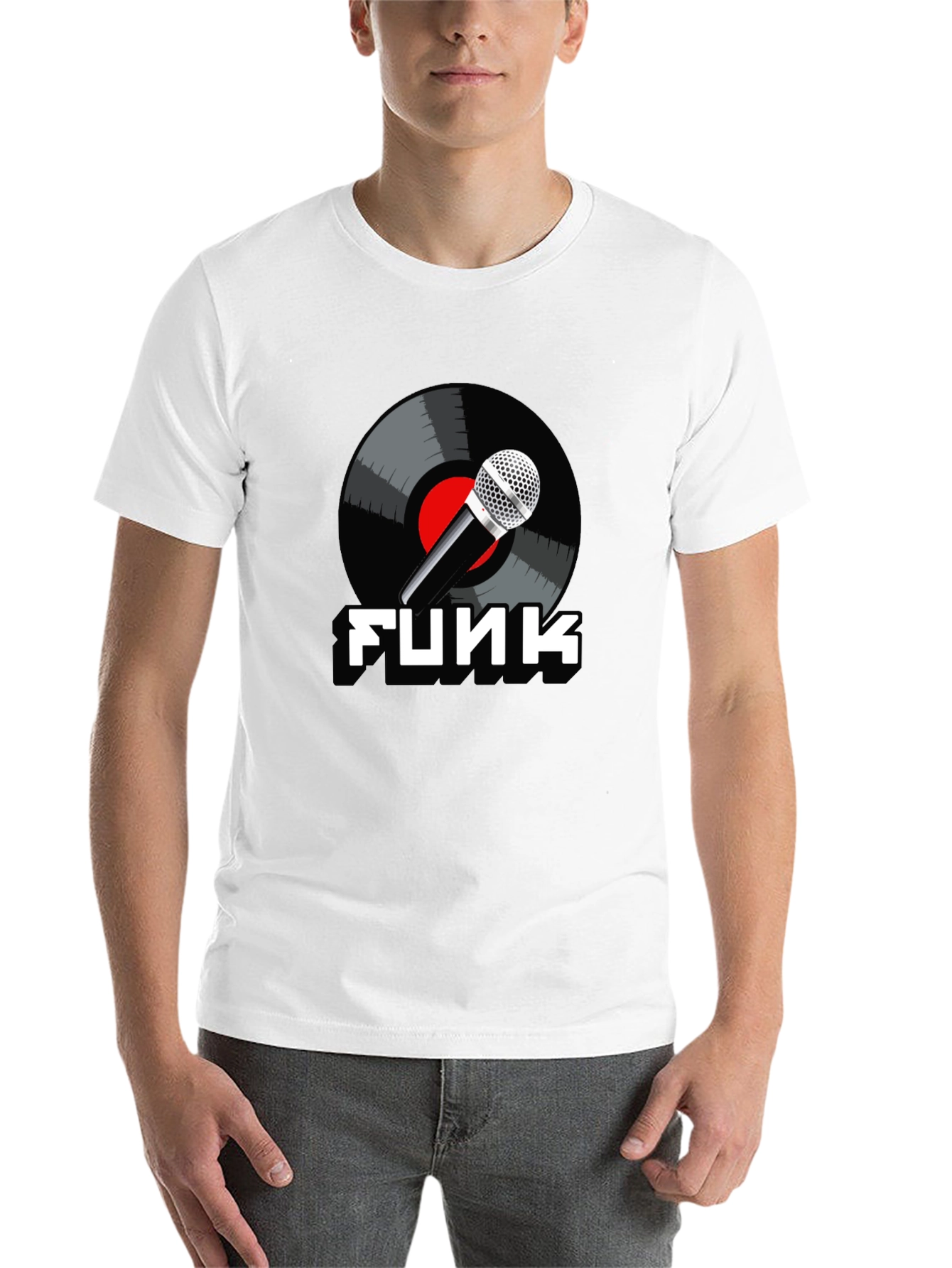 Black Funk Music T-Shirt with Microphone and Vinyl Record Design view 14