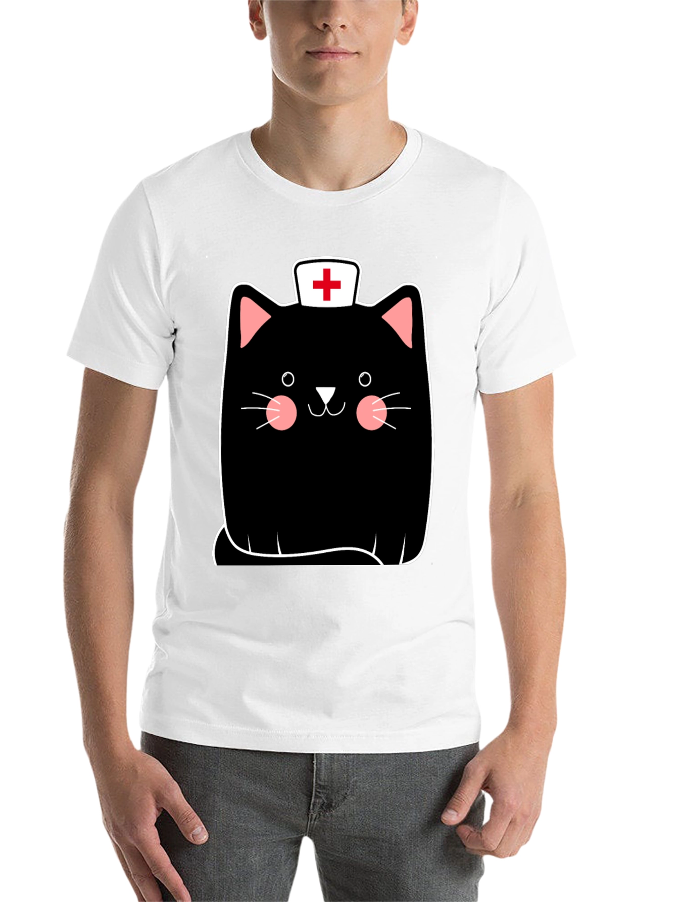 Black Nurse Cat Graphic Tee - Black Cotton T-Shirt view 14