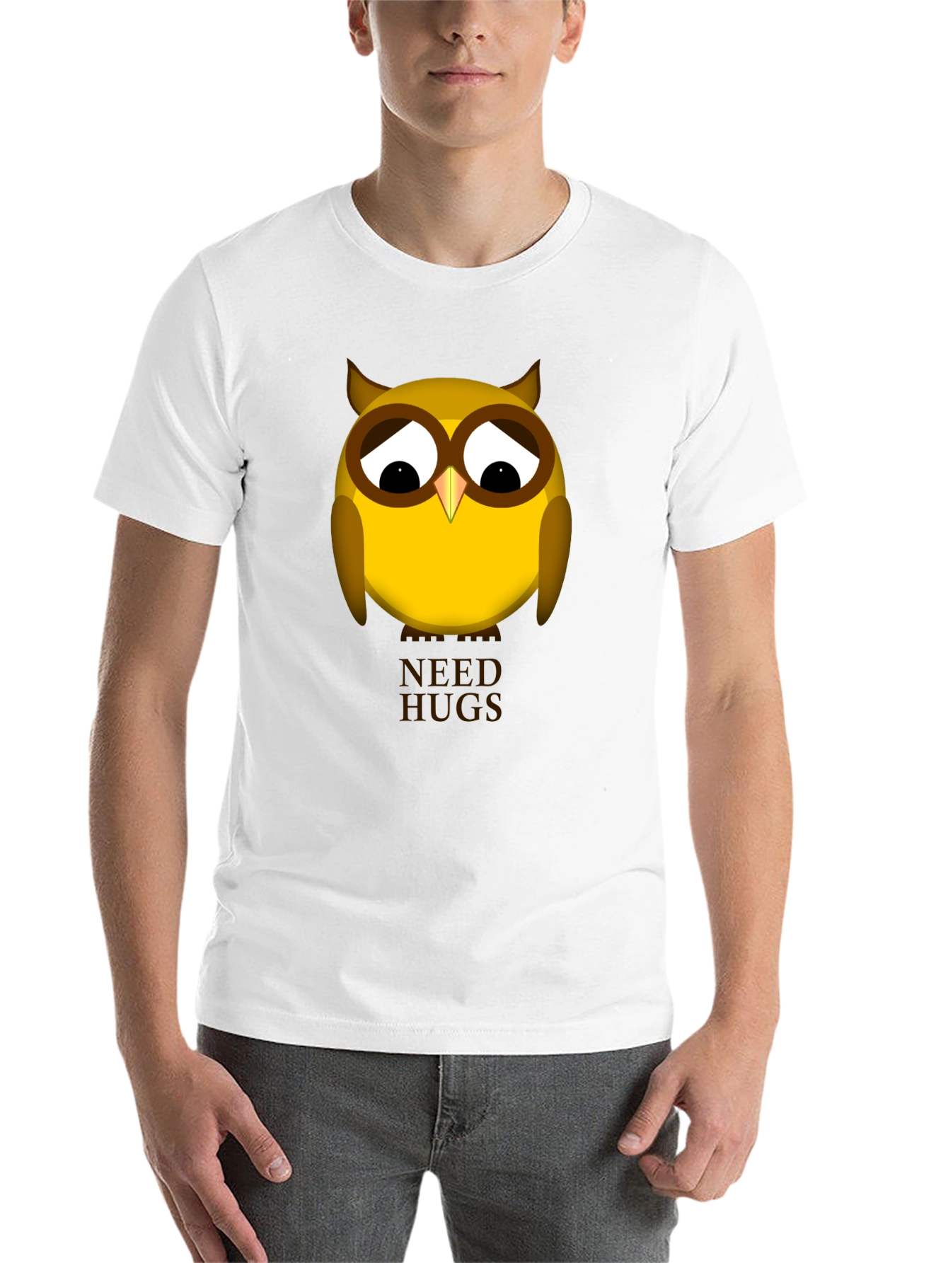 Black Sad Owl Needs Hugs Graphic T-Shirt - Unisex Black Tee view 14