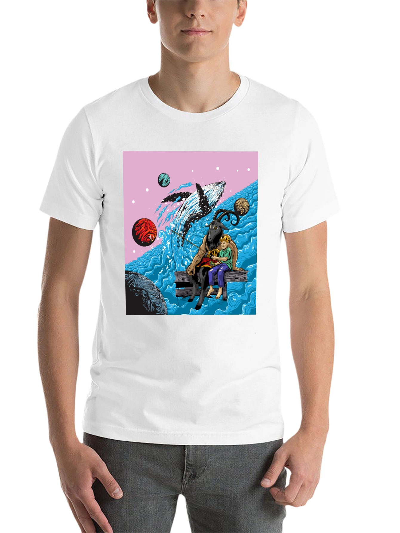 Black Whimsical Goat, Boy, and Whale Graphic Tee view 14