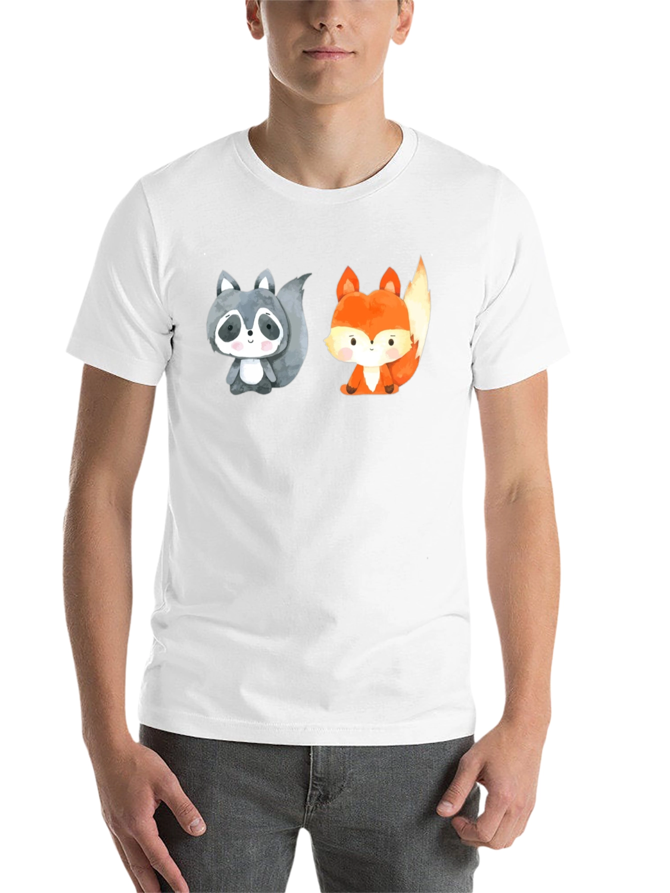 Black Cute Cartoon Animal Tee: Raccoon & Fox Black Shirt view 14