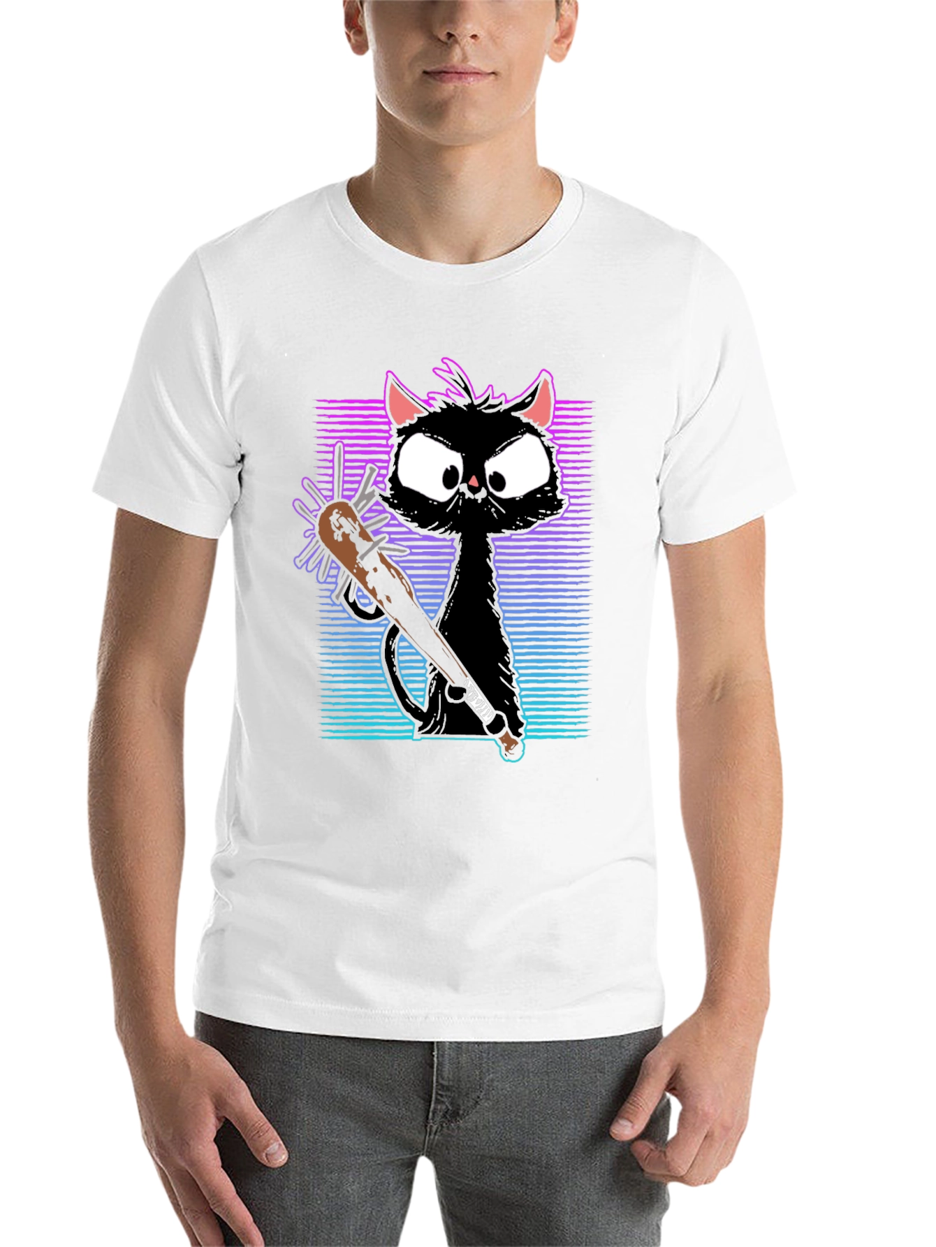 Black Gangster Cat T-Shirt with Spiked Bat - Black view 14
