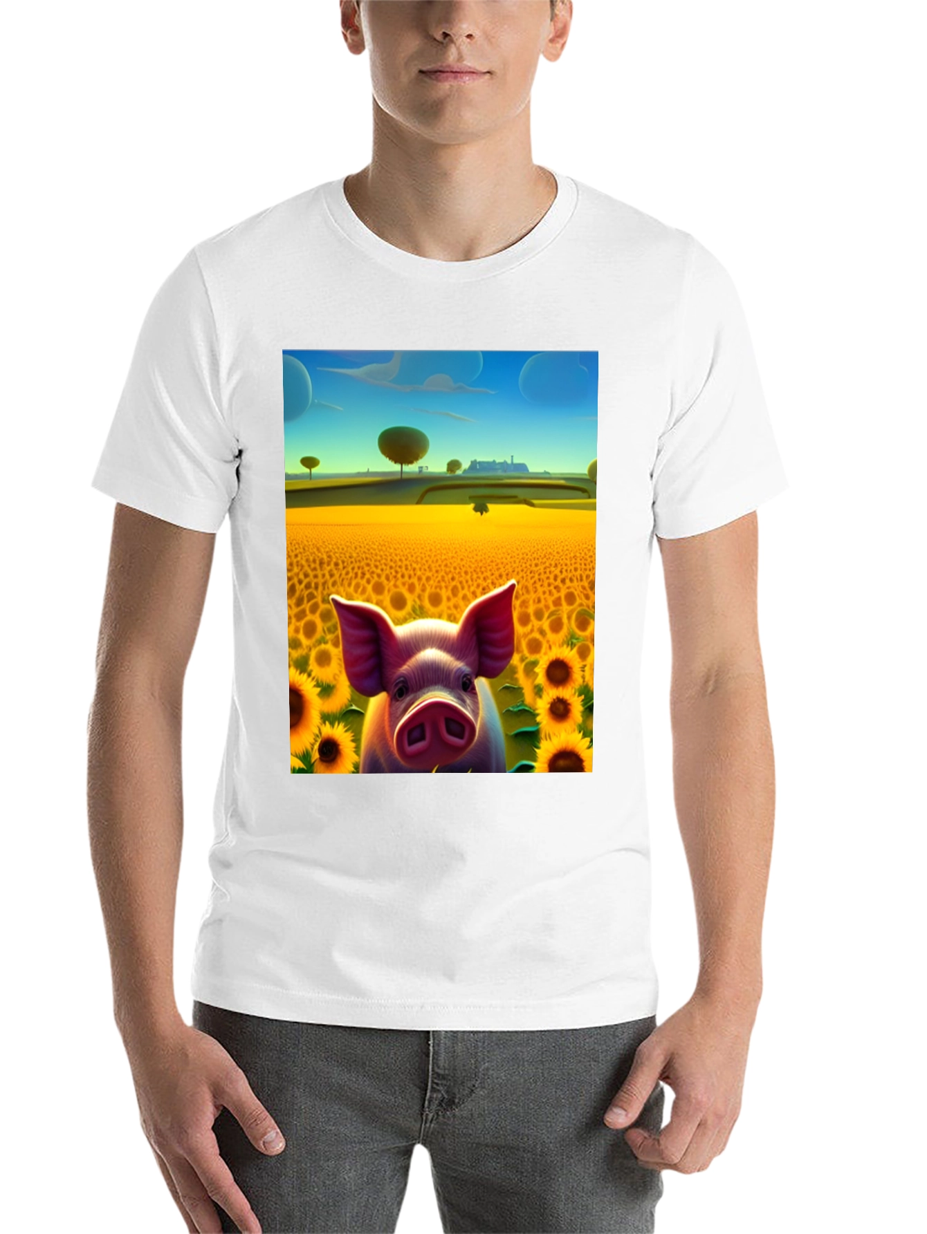 Black Pig in Sunflower Field Graphic Tee view 14