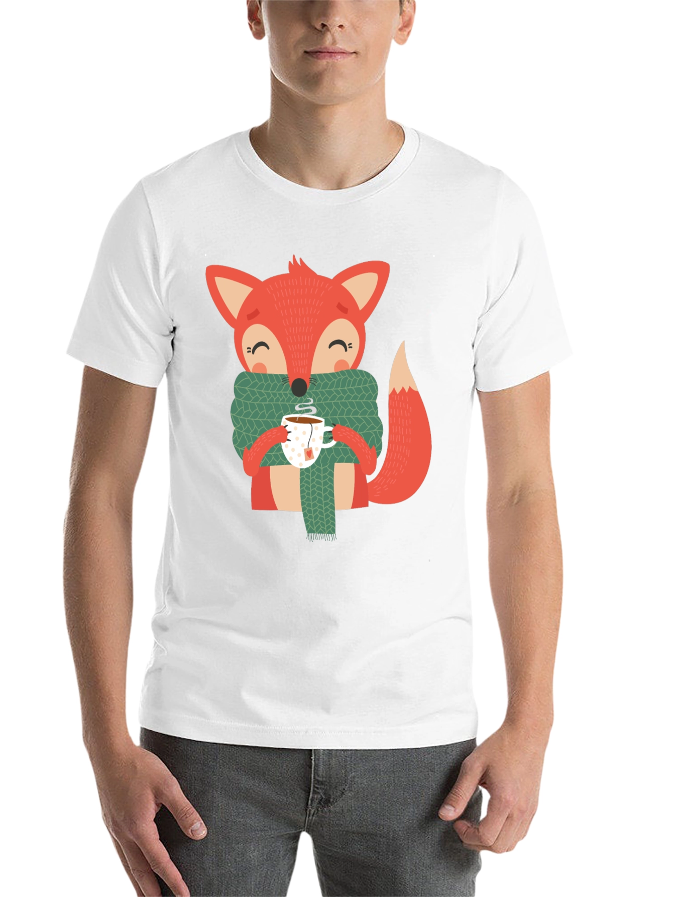 Black Cute Fox Winter Tee - Snug Scarf & Hot Tea Design view 14