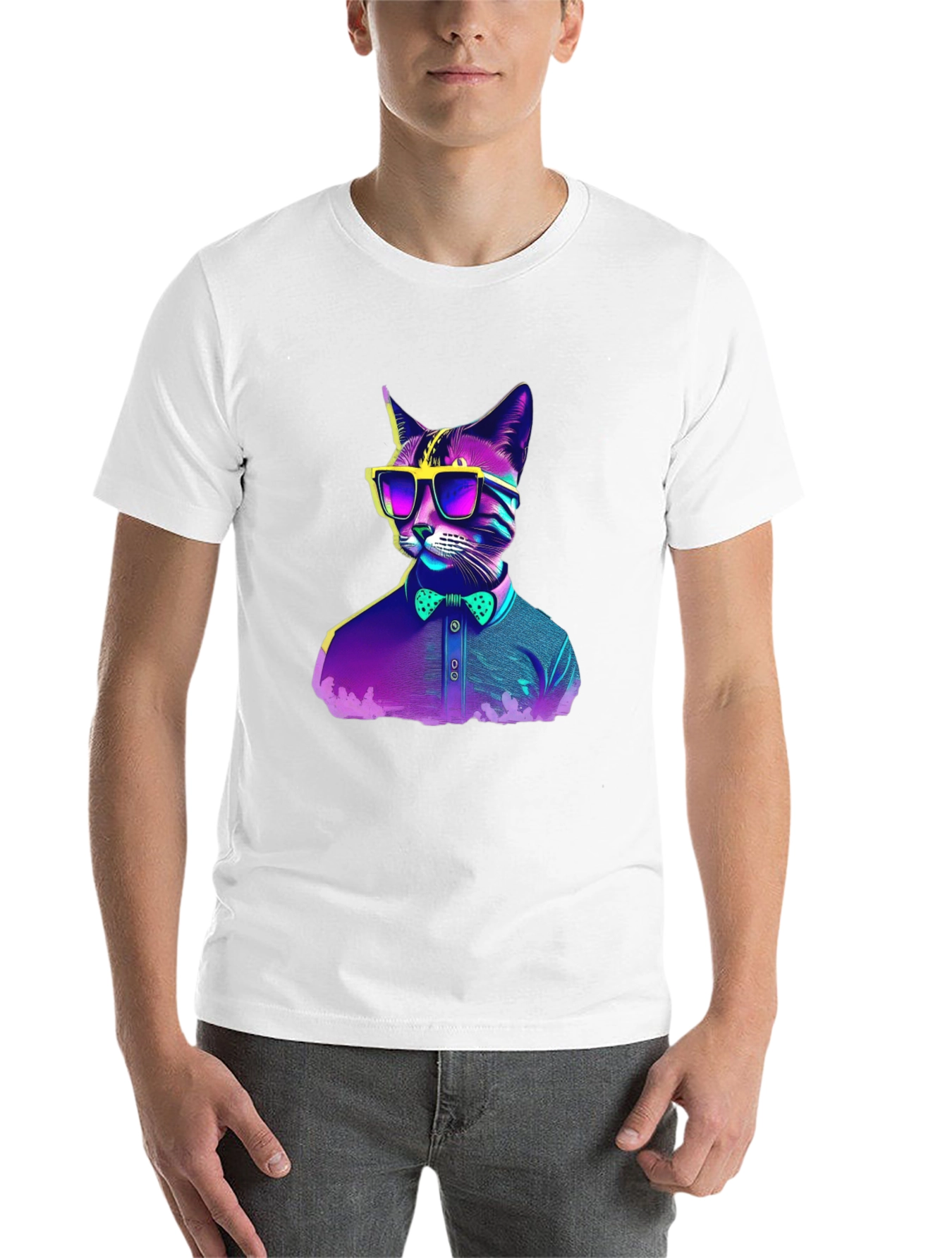 Black Hipster Cat T-Shirt - Cool Neon Design view 14
