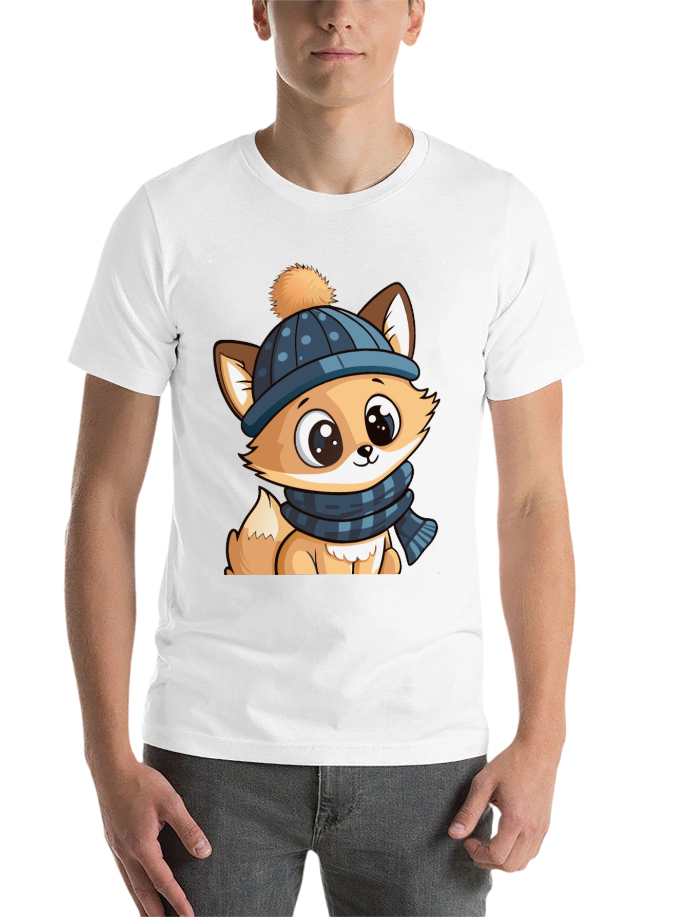 Black Cute Cartoon Fox with Winter Hat Graphic Tee view 14