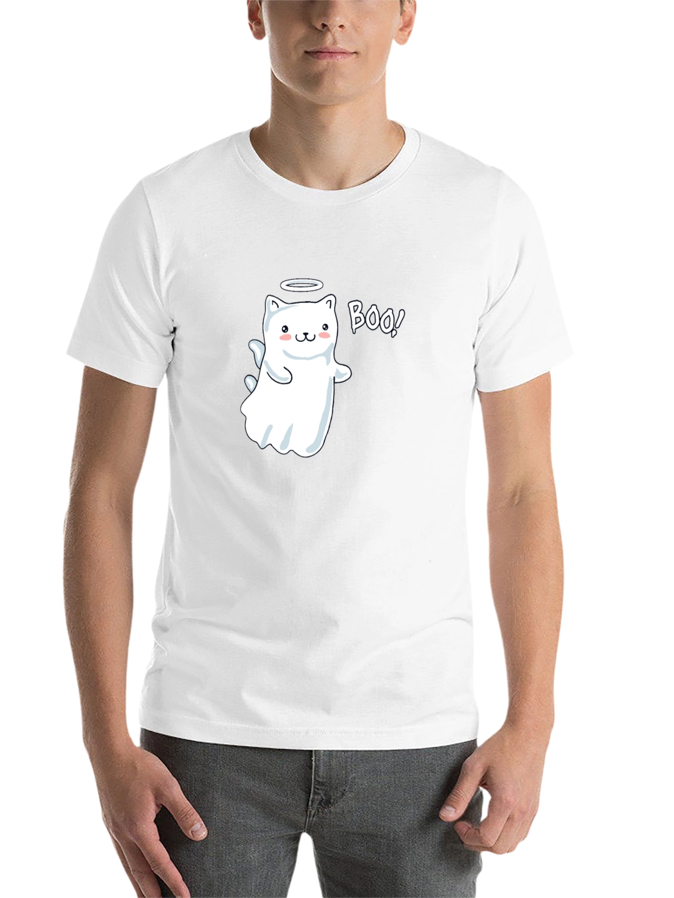 Cute Ghost Cat Boo! Black T-Shirt - 14