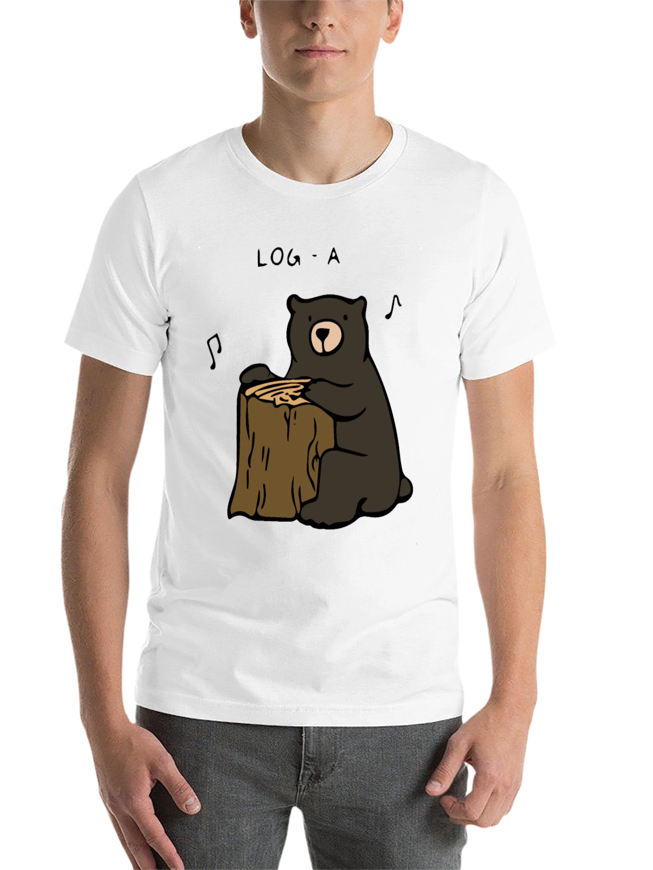Black Log-A Bear T-Shirt - Music Loving Bear on Wood Stump view 14